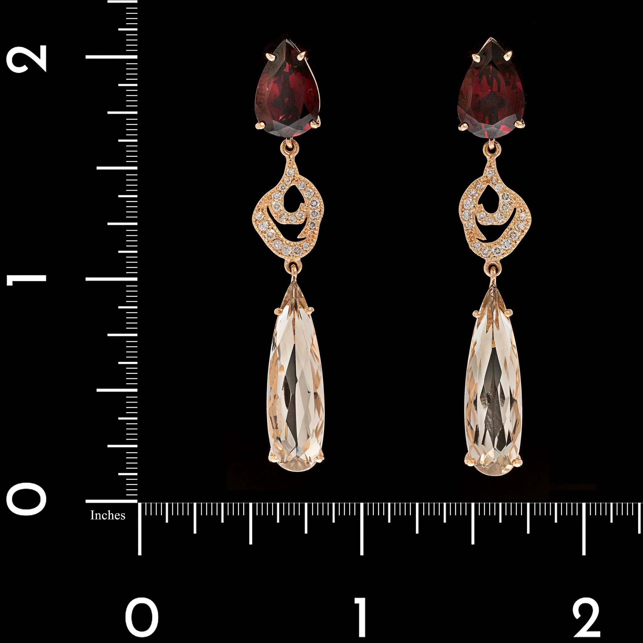 18K Rose Gold Estate Garnet, Quartz and Diamond Earrings - Image 2