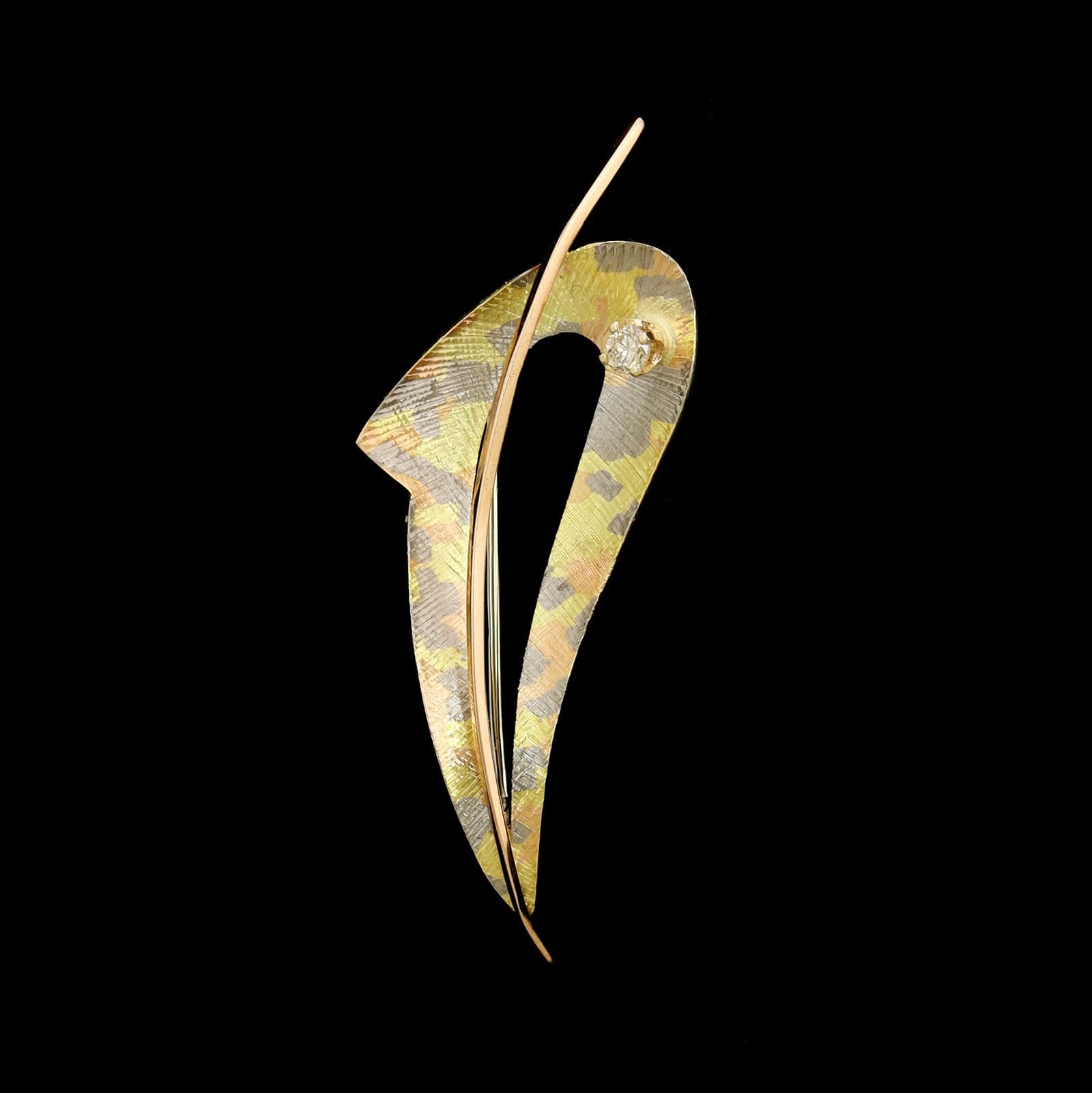 18K Tricolor Estate Satin Mosaic Gold and Diamond Brooch
