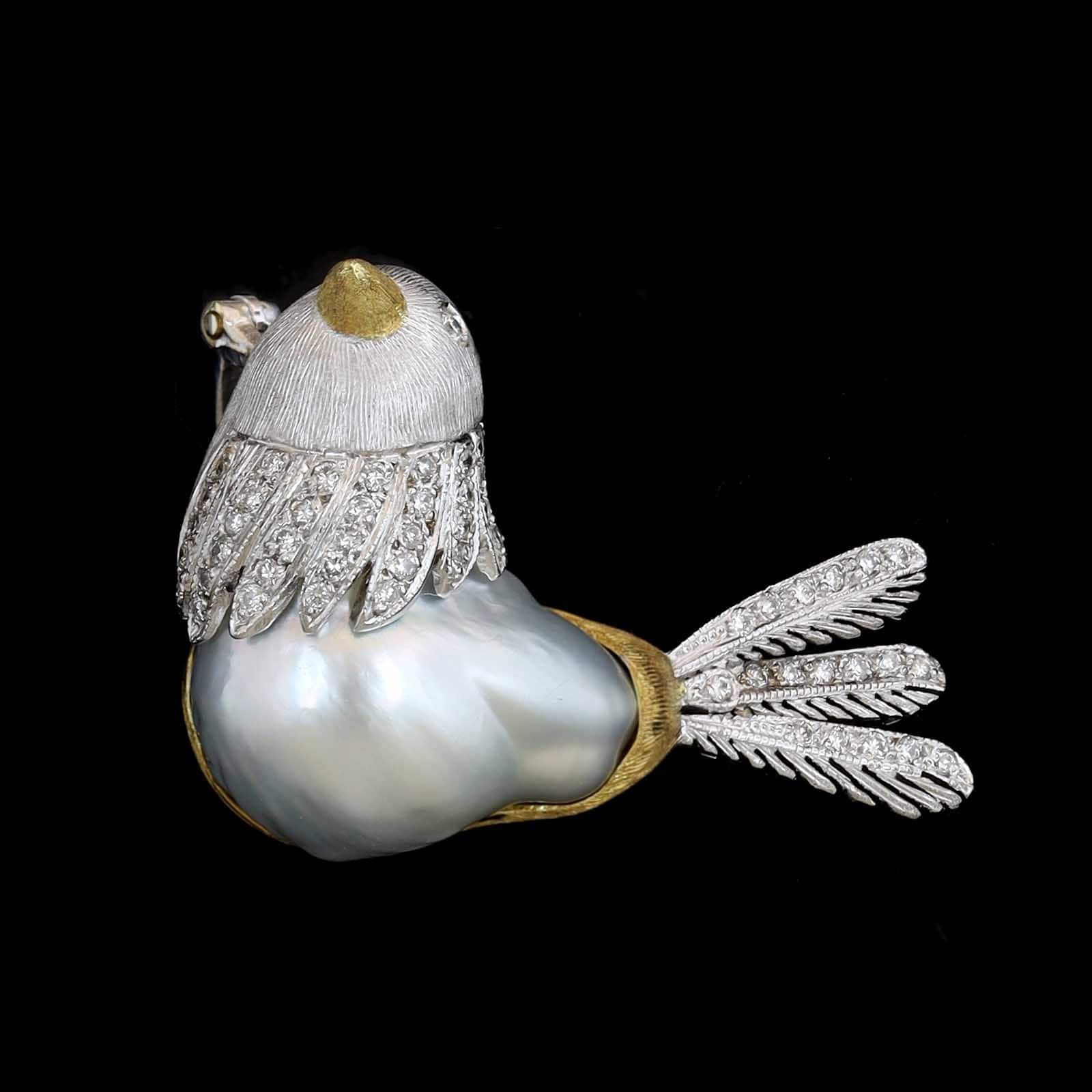 18K Two-tone Gold Estate Cultured Baroque Pearl and Diamond Bird Brooch