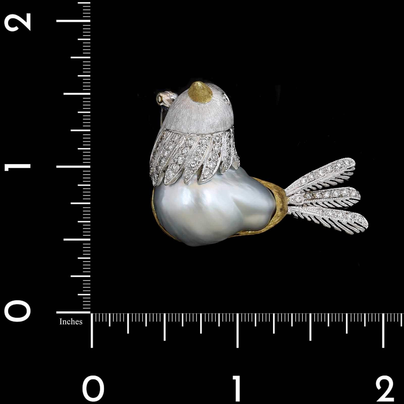 18K Two-tone Gold Estate Cultured Baroque Pearl and Diamond Bird Brooch - Image 3