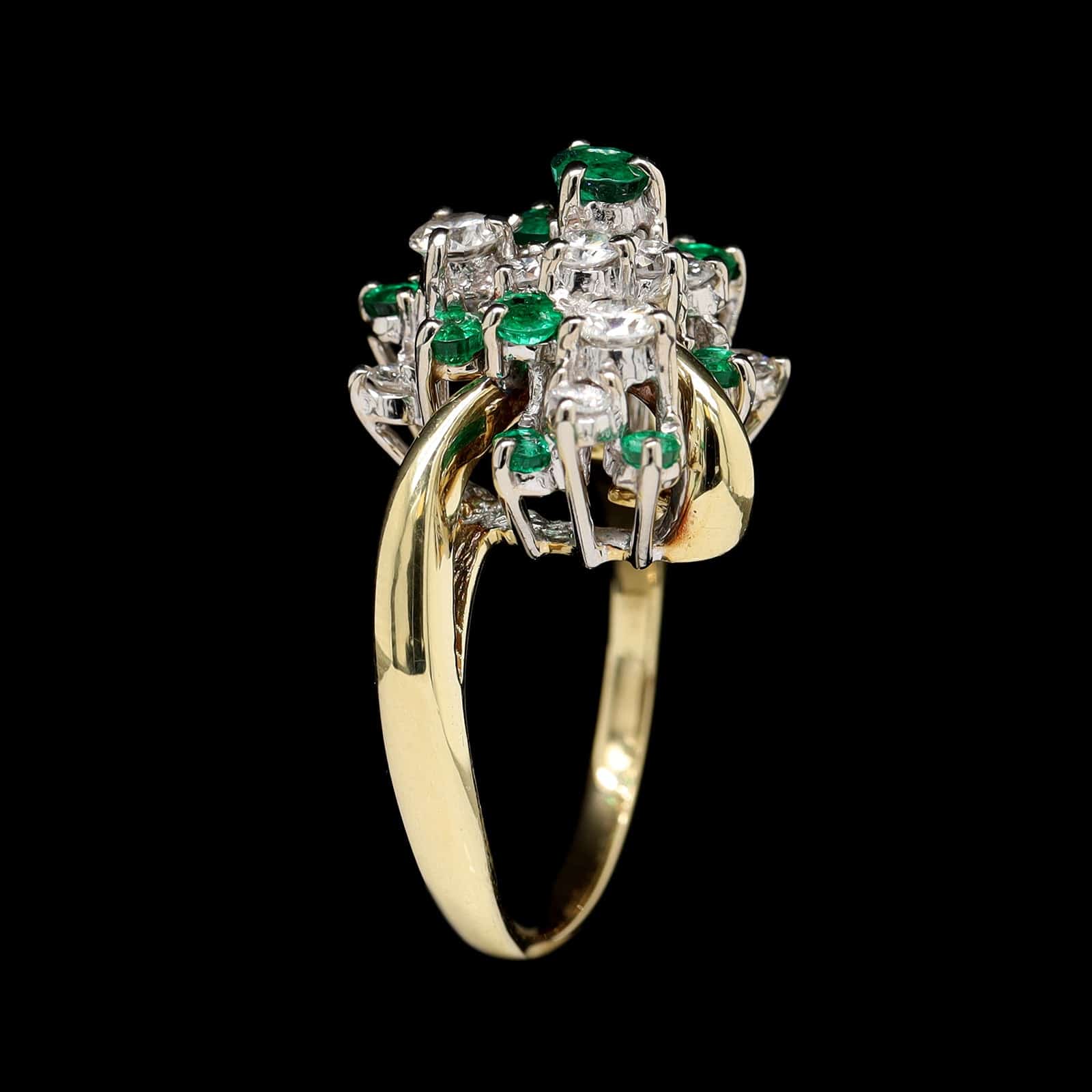 18K Two-tone Gold Estate Emerald and Diamond Cluster Ring - Image 2