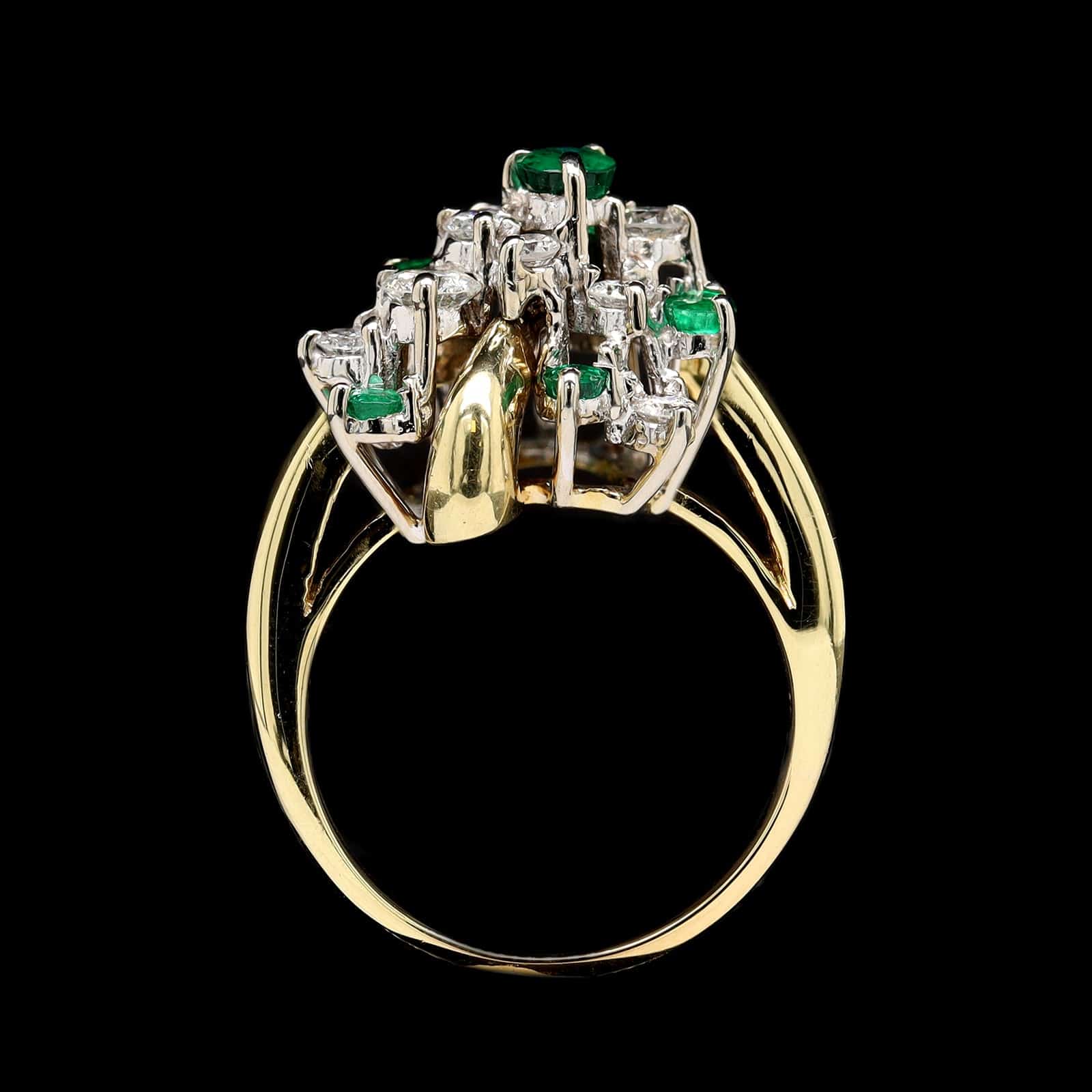 18K Two-tone Gold Estate Emerald and Diamond Cluster Ring - Image 3