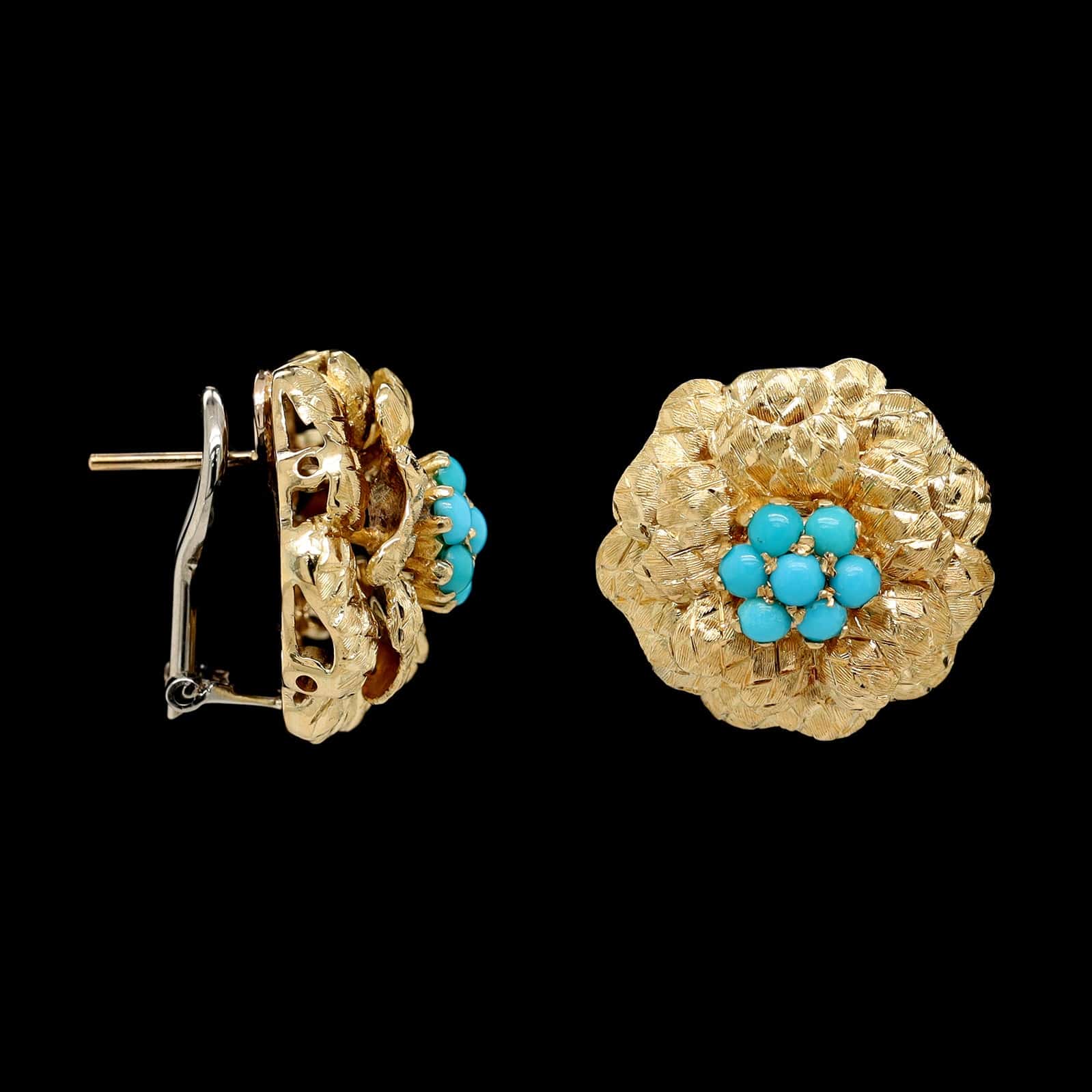 18K Two-tone Gold Estate Flower Blue Stone Earrings