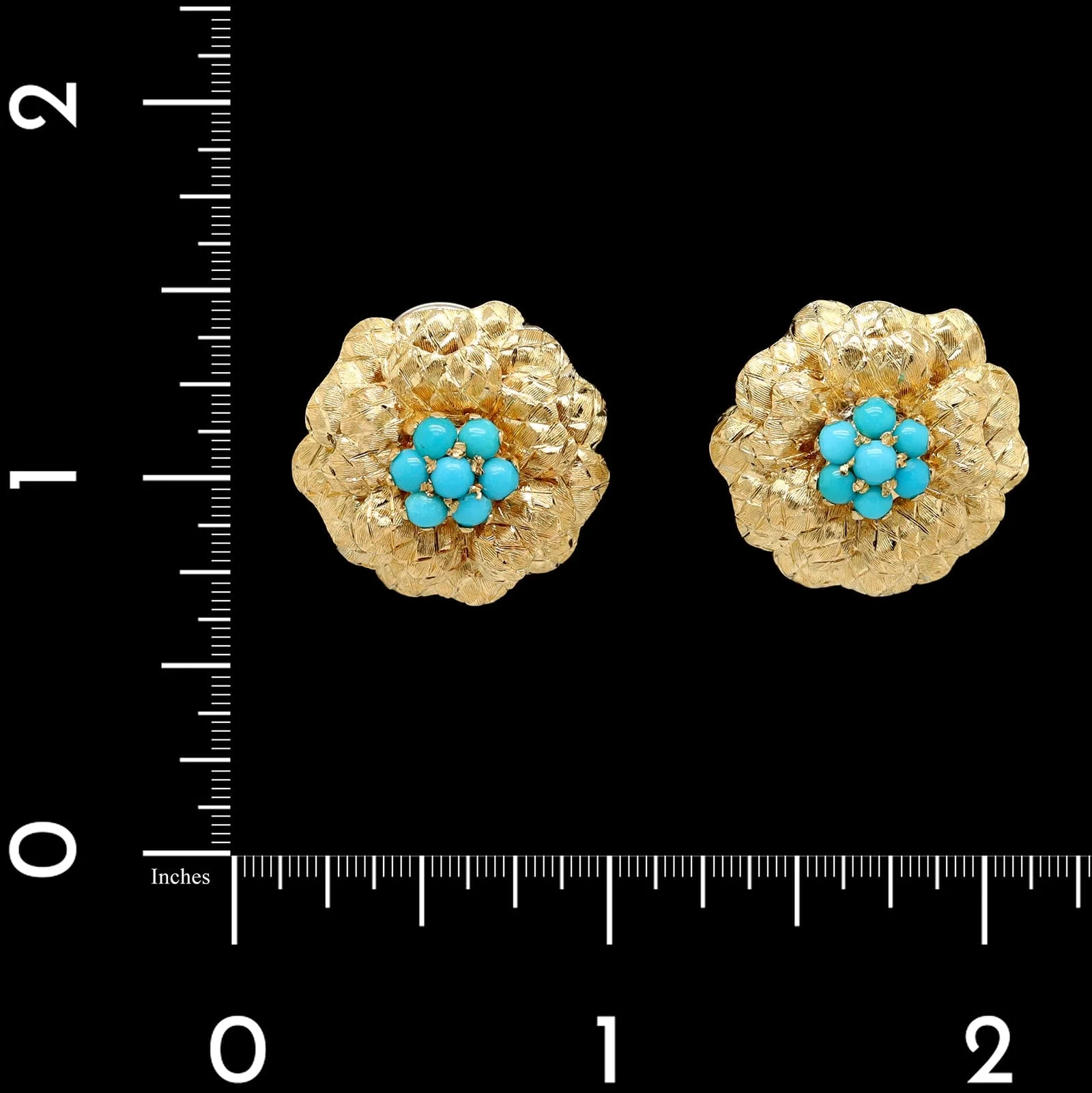 18K Two-tone Gold Estate Flower Blue Stone Earrings - Image 2