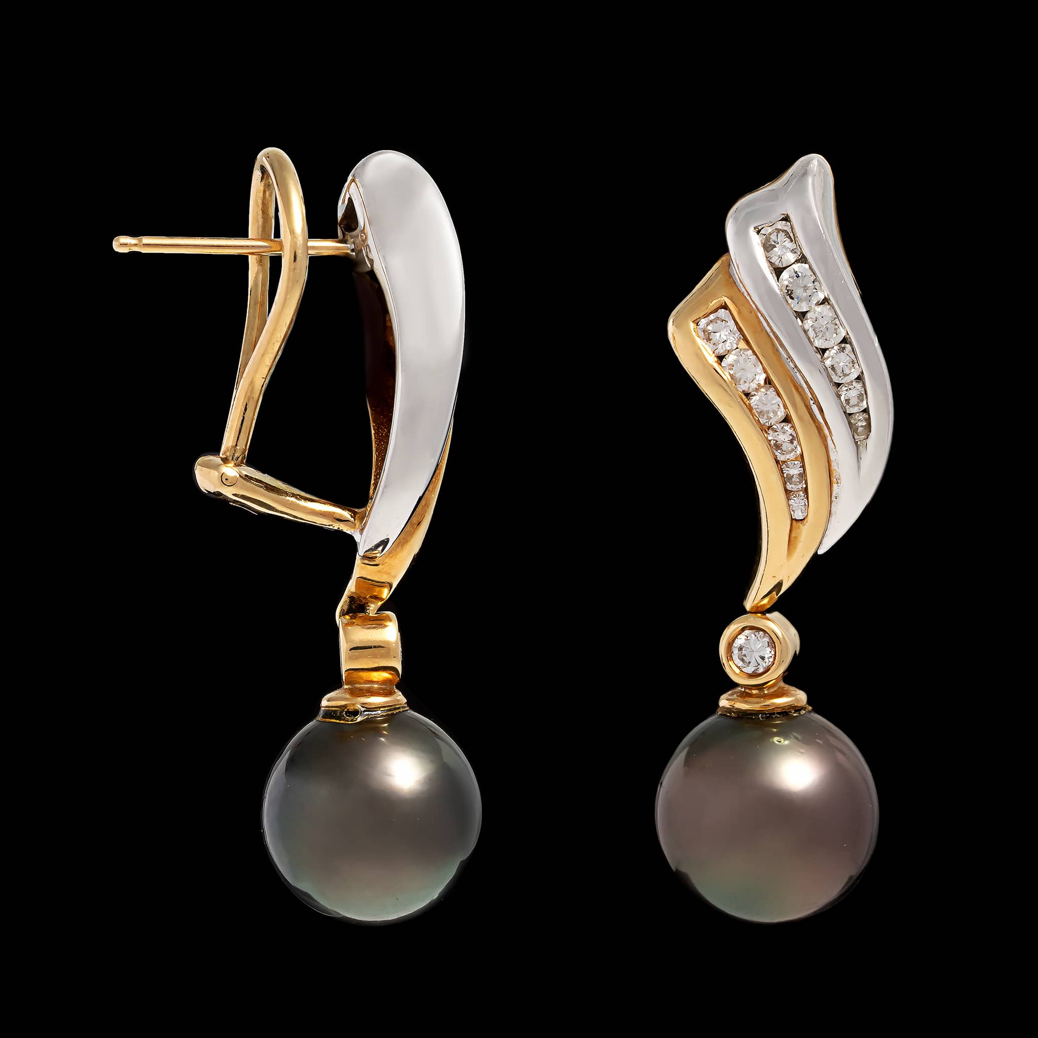 18K Two-tone Gold Estate Tahitian Cultured Pearl and Diamond Earrings