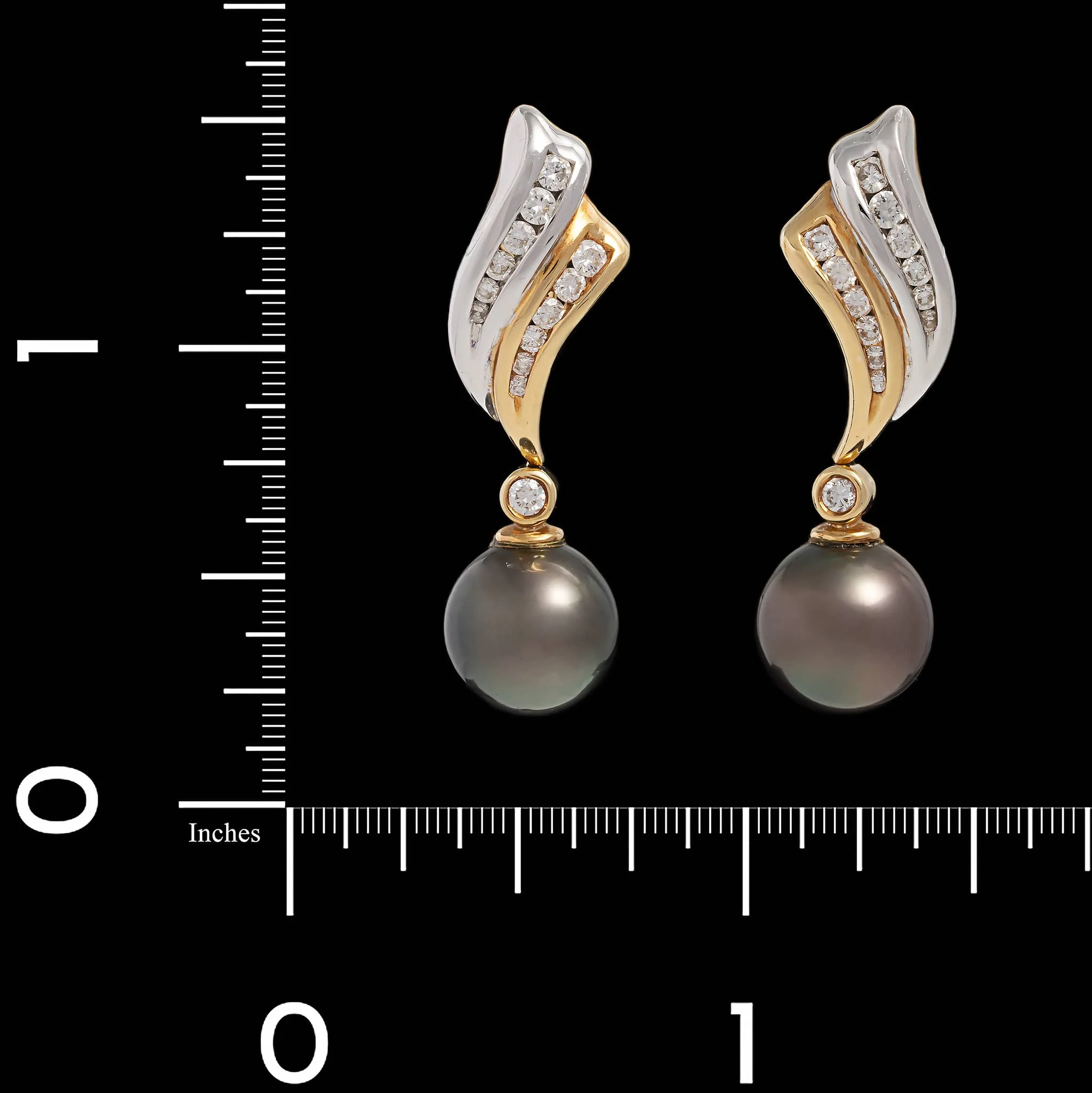 18K Two-tone Gold Estate Tahitian Cultured Pearl and Diamond Earrings - Image 2