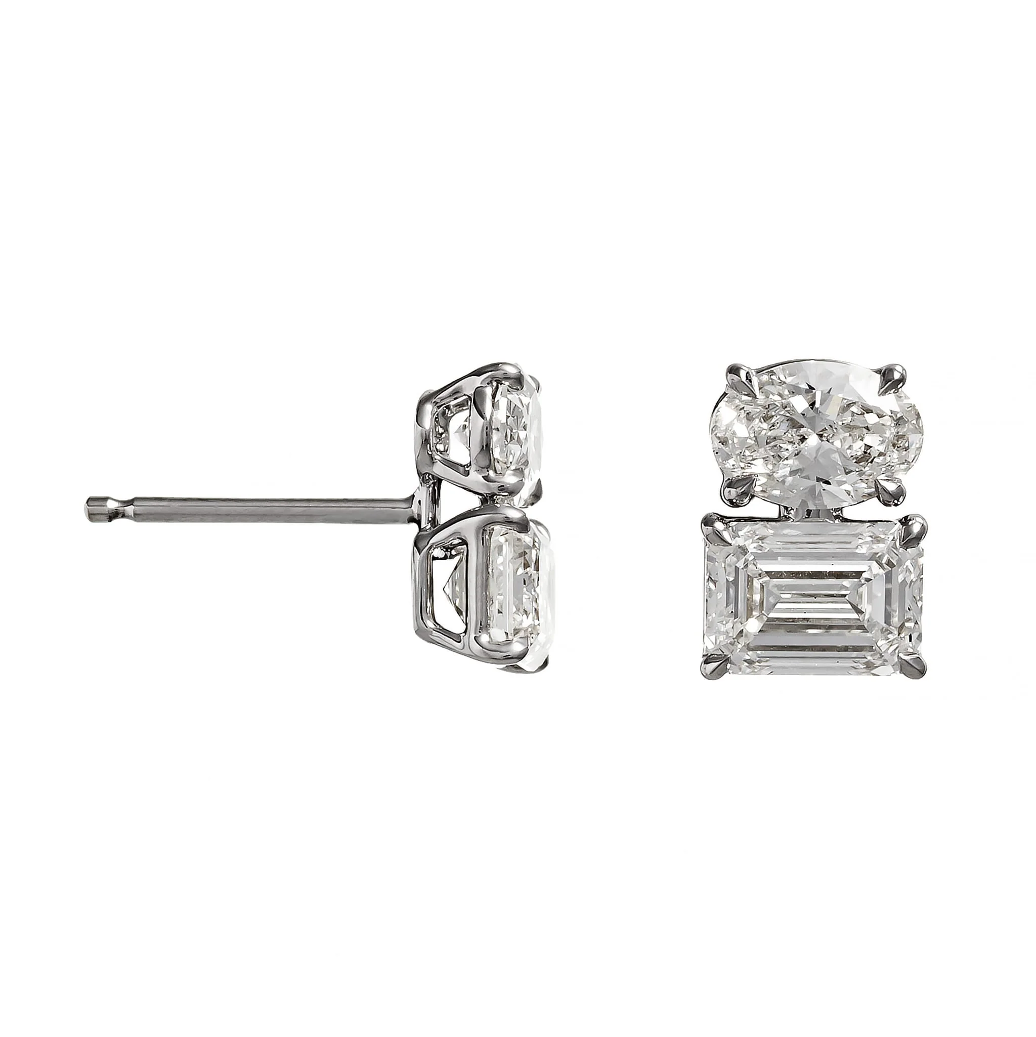 18K White Gold 2 Stone Emerald Cut and Oval Diamond Stud Earrings - Image 3
