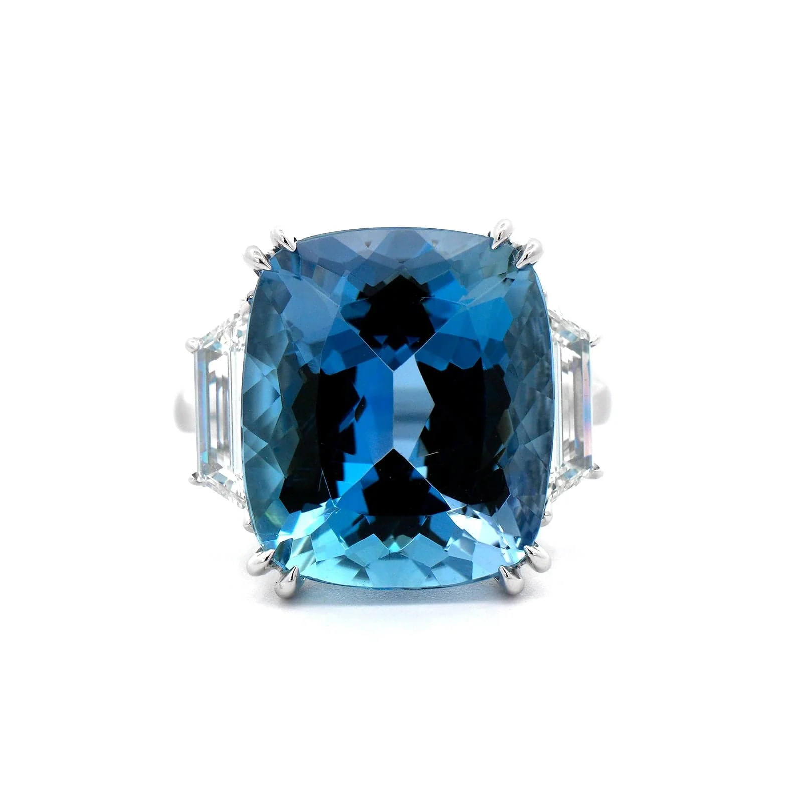 18K White Gold 3 Stone Cushion Aquamarine and Diamond Ring