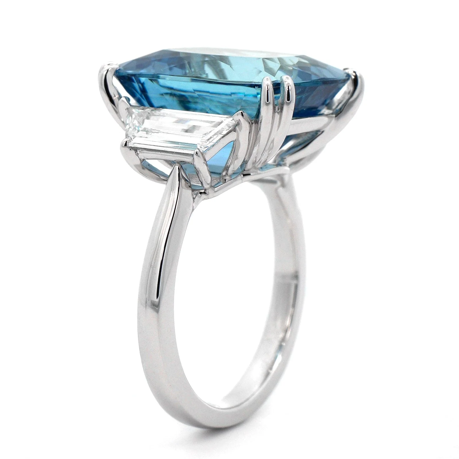 18K White Gold 3 Stone Cushion Aquamarine and Diamond Ring - Image 2