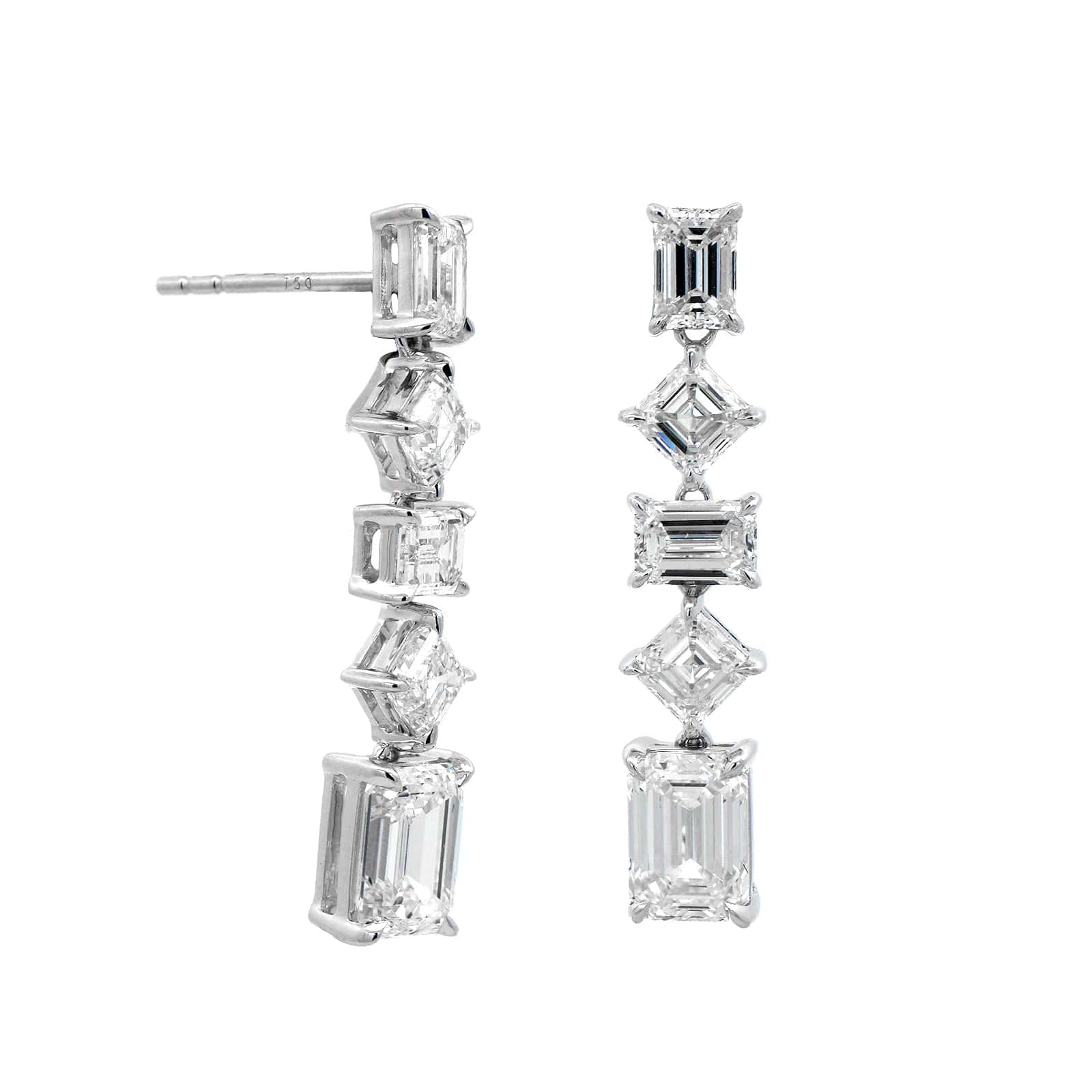 18K White Gold Emerald and Asscher Cut Diamond Drop Earrings - Image 3