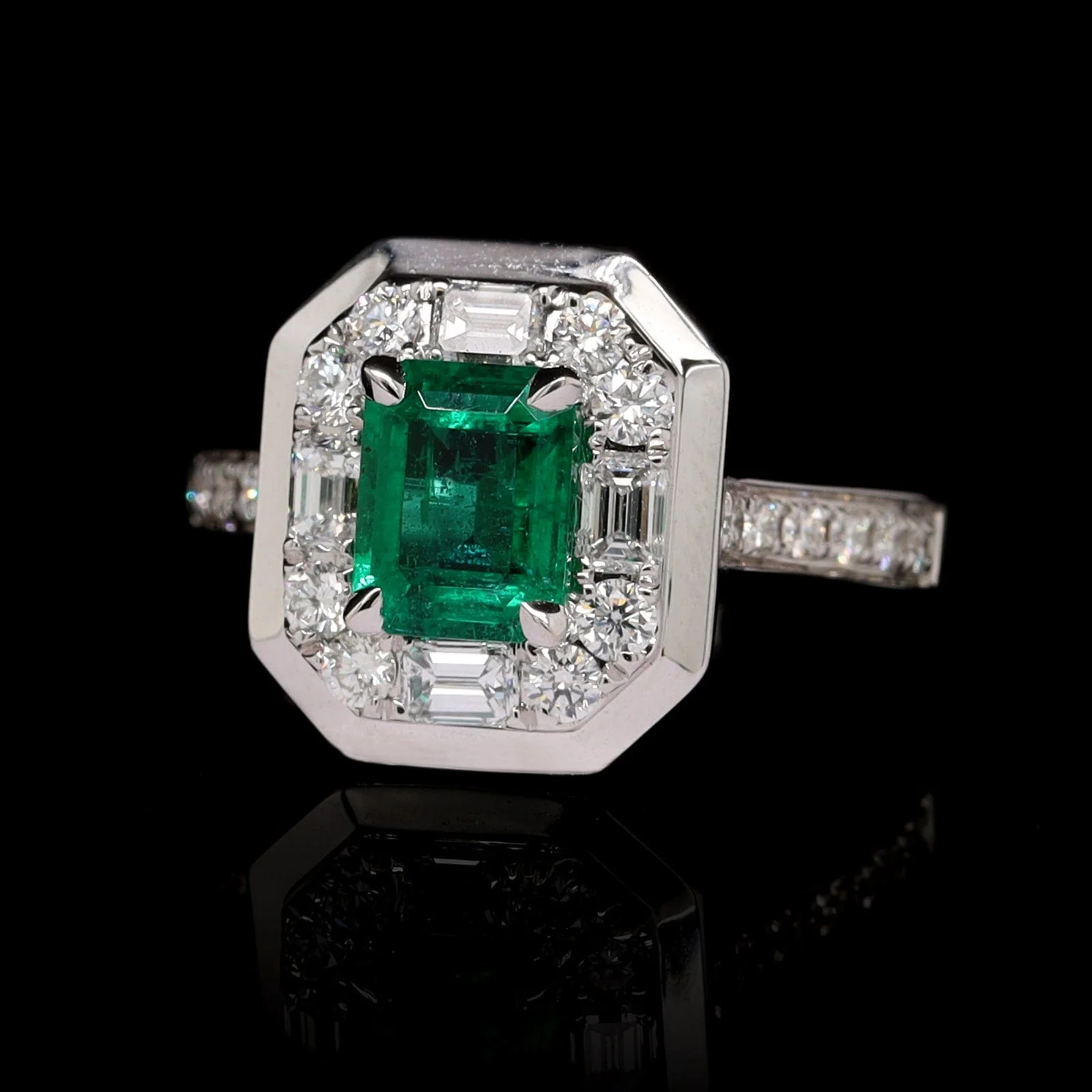 18K White Gold Estate Emerald and Diamond Ring