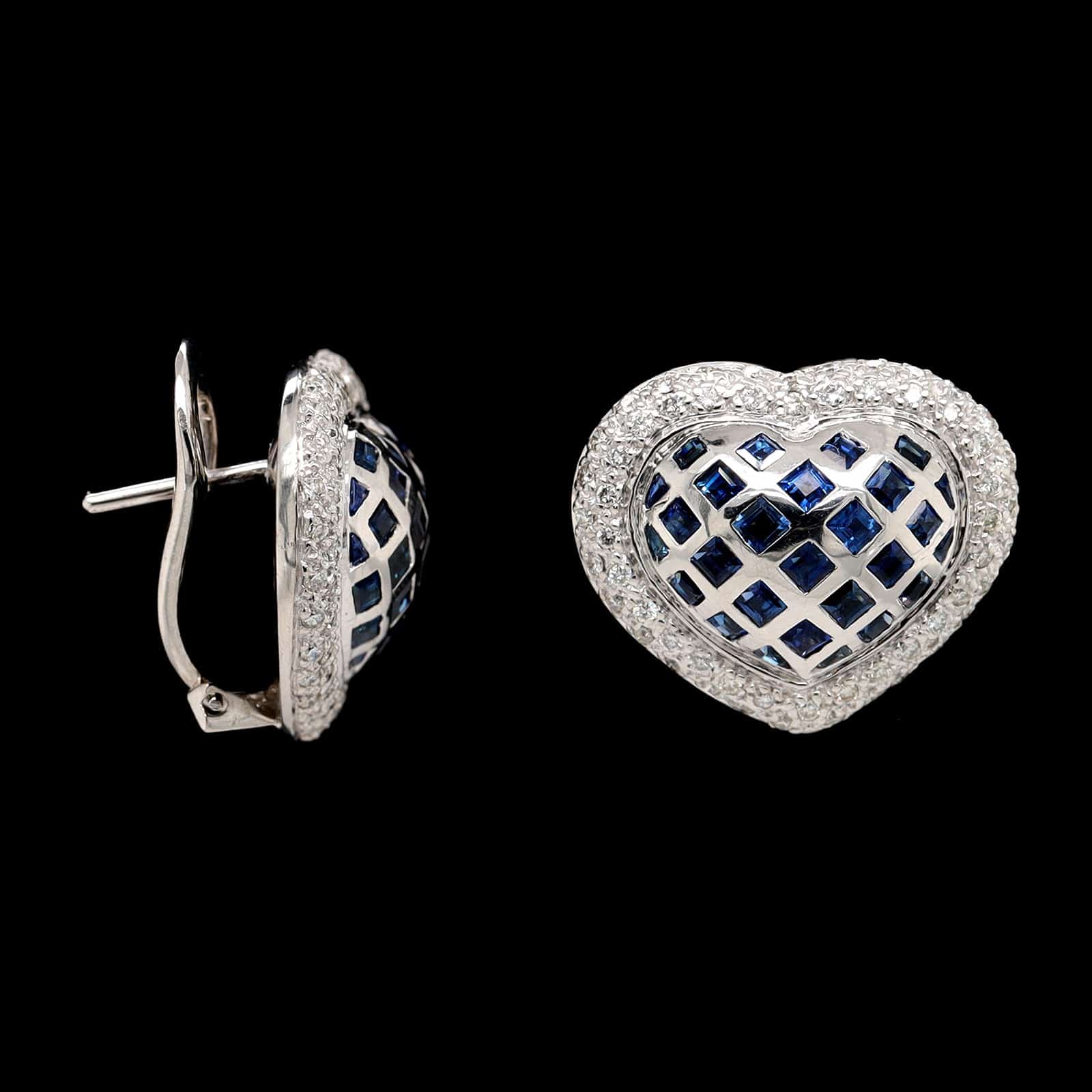 18K White Gold Estate Sapphire and Diamond Heart Earrings