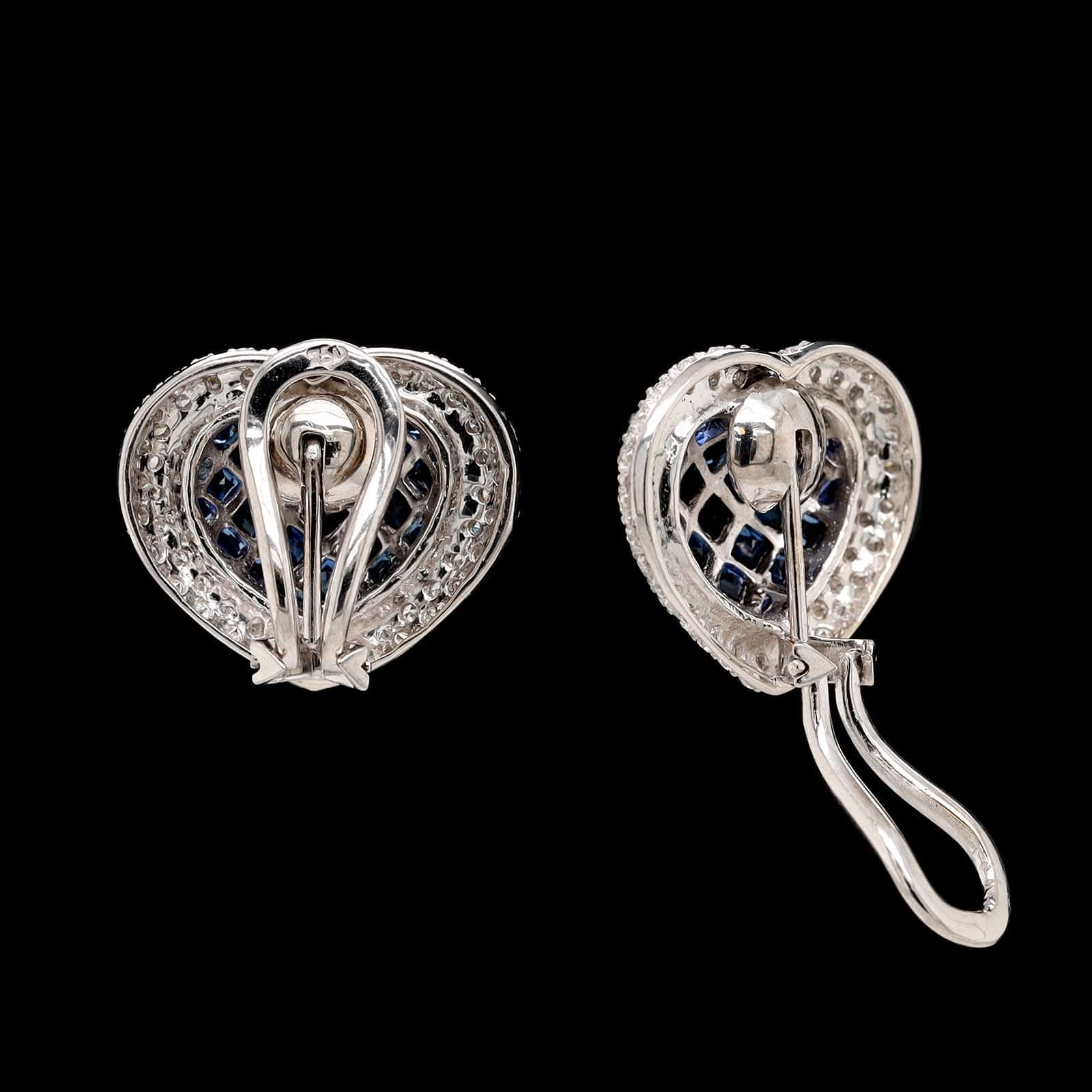 18K White Gold Estate Sapphire and Diamond Heart Earrings - Image 2
