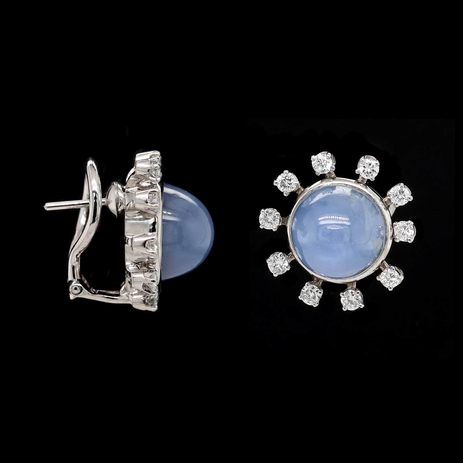 18K White Gold Estate Star Sapphire and Diamond Earrings