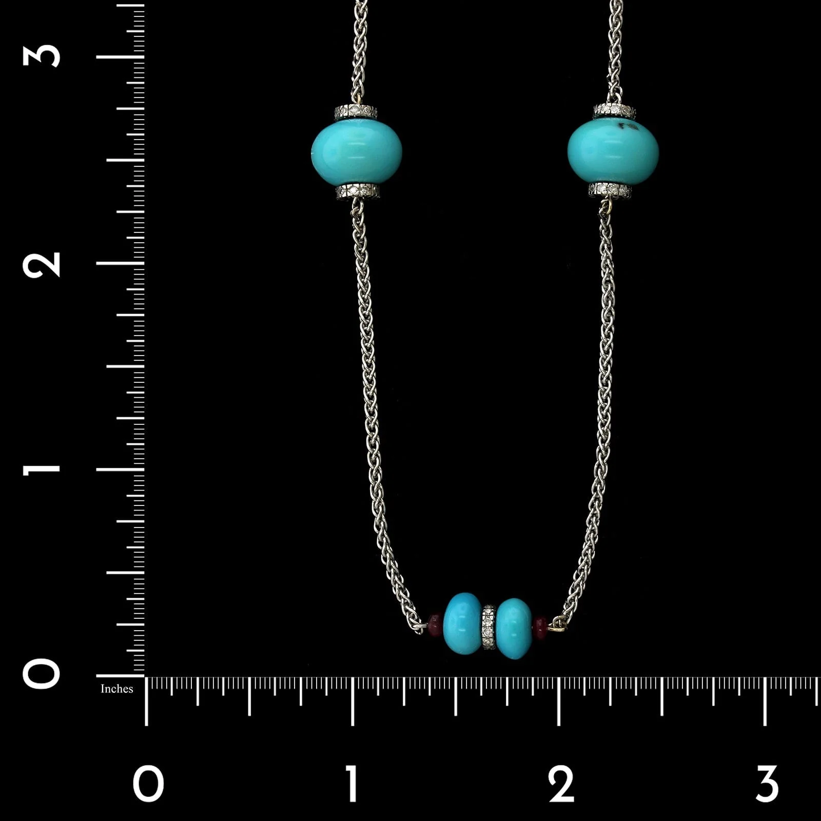 18K White Gold Estate Turquoise, Ruby and Diamond Necklace - Image 2