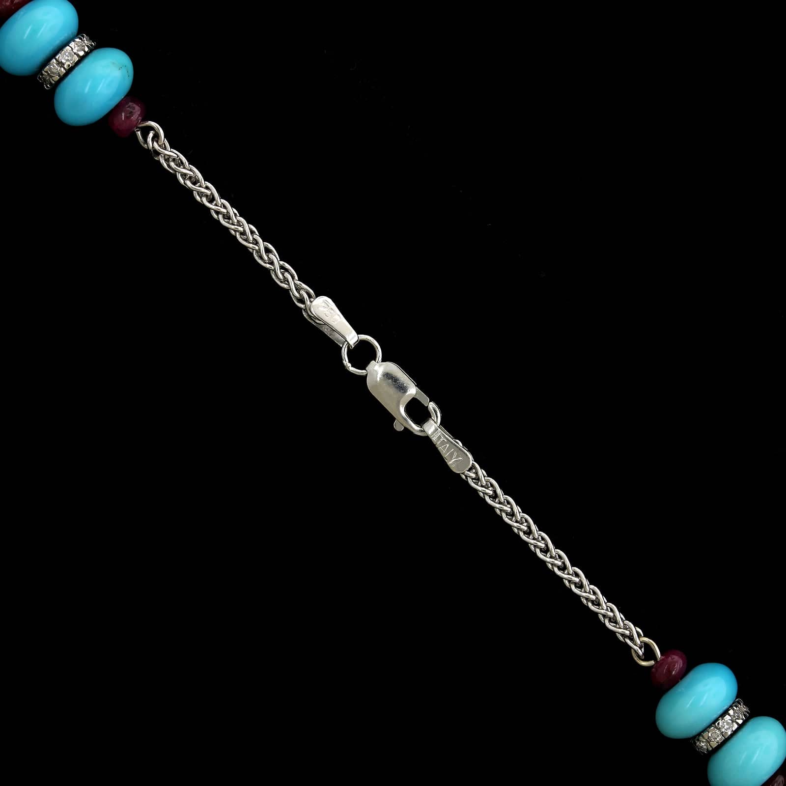 18K White Gold Estate Turquoise, Ruby and Diamond Necklace - Image 3
