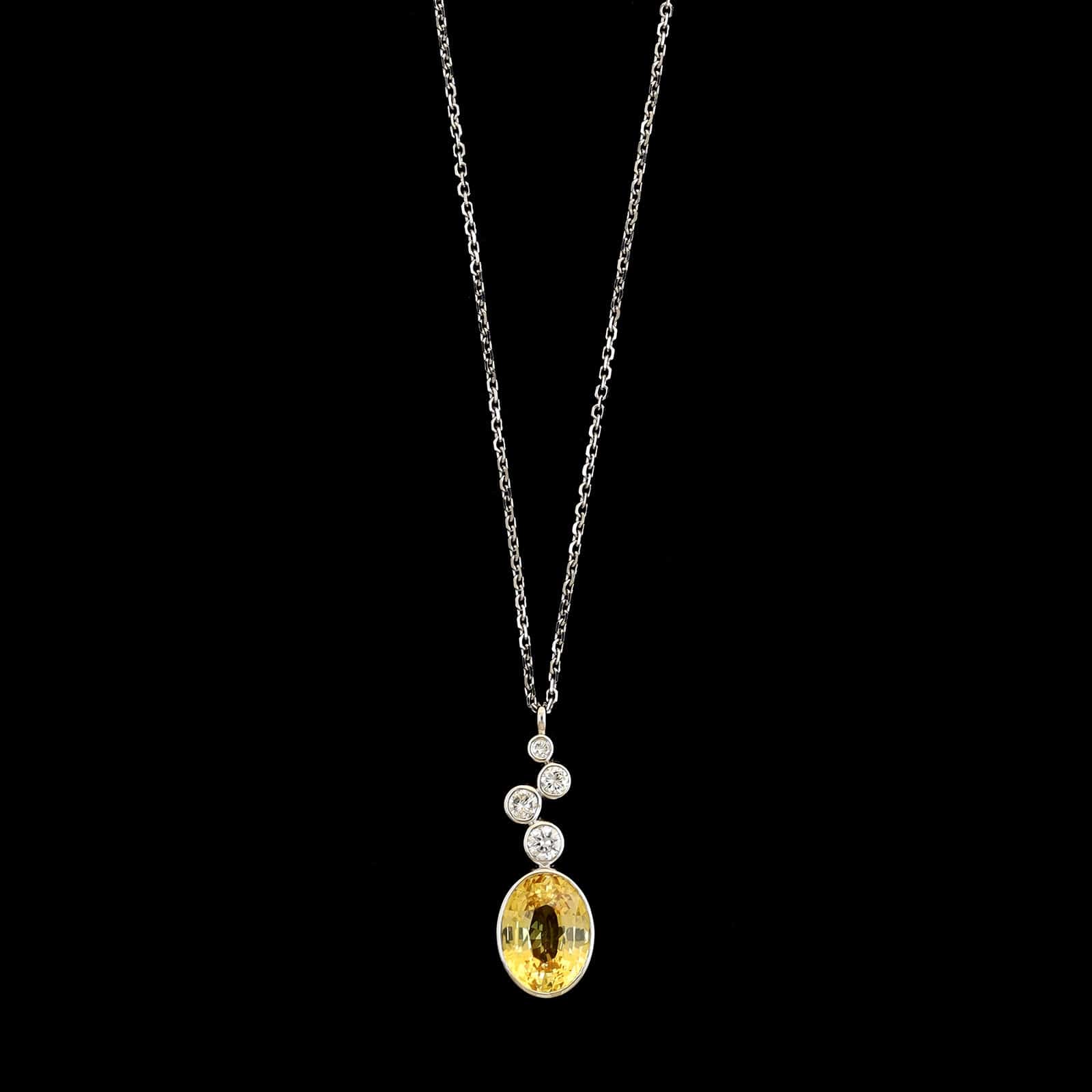 18K White Gold Estate Yellow Sapphire and Diamond Pendant Necklace