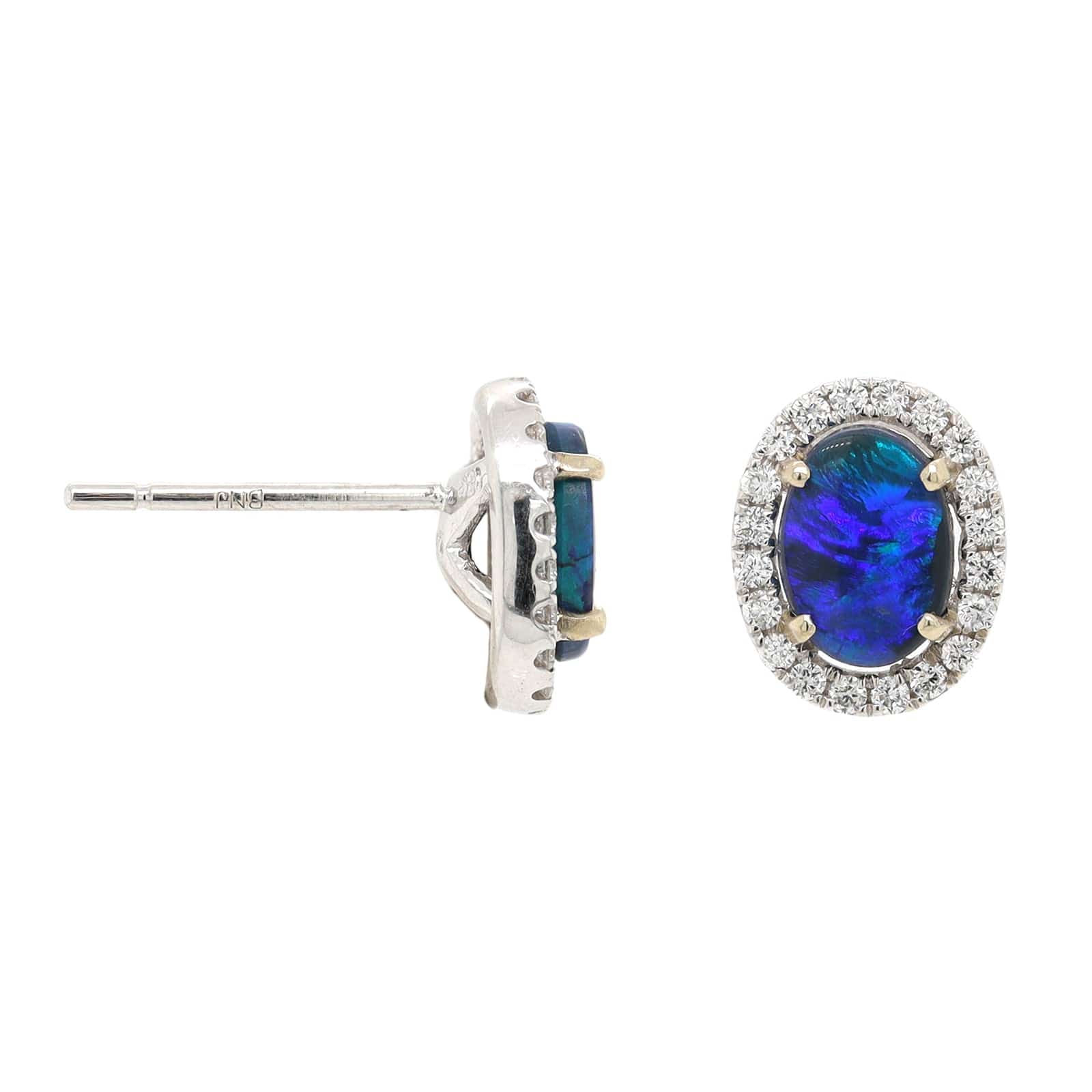 18K White Gold Oval Opal & Diamond Halo Earrings