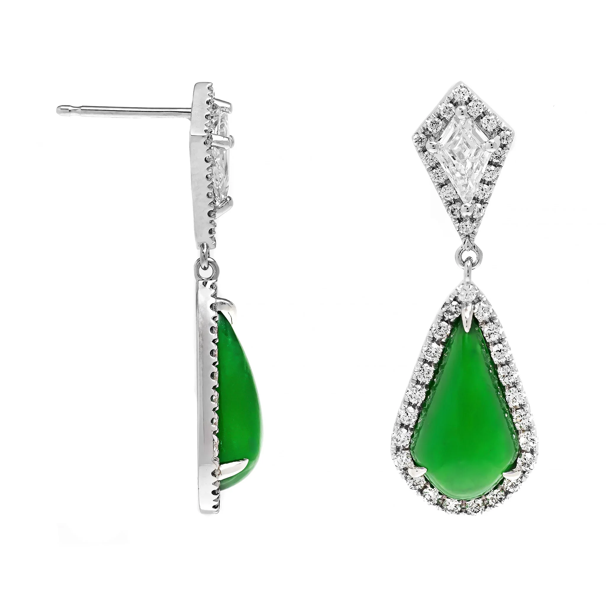 18K White Gold Pear Shaped Jade Dangle Drop Earrings - Image 3