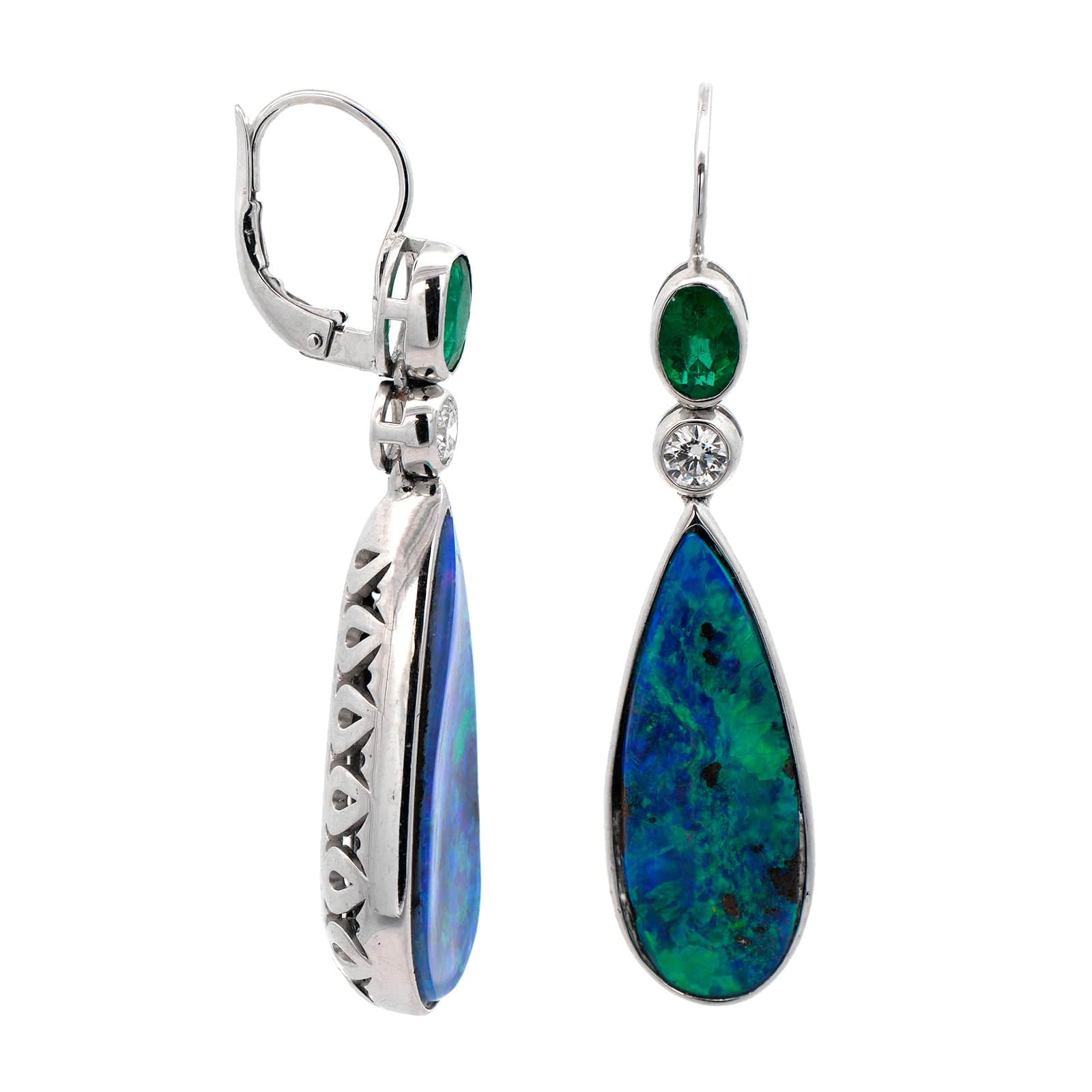 18K White Gold Pear Shaped Opal and Emerald Drop Earrings