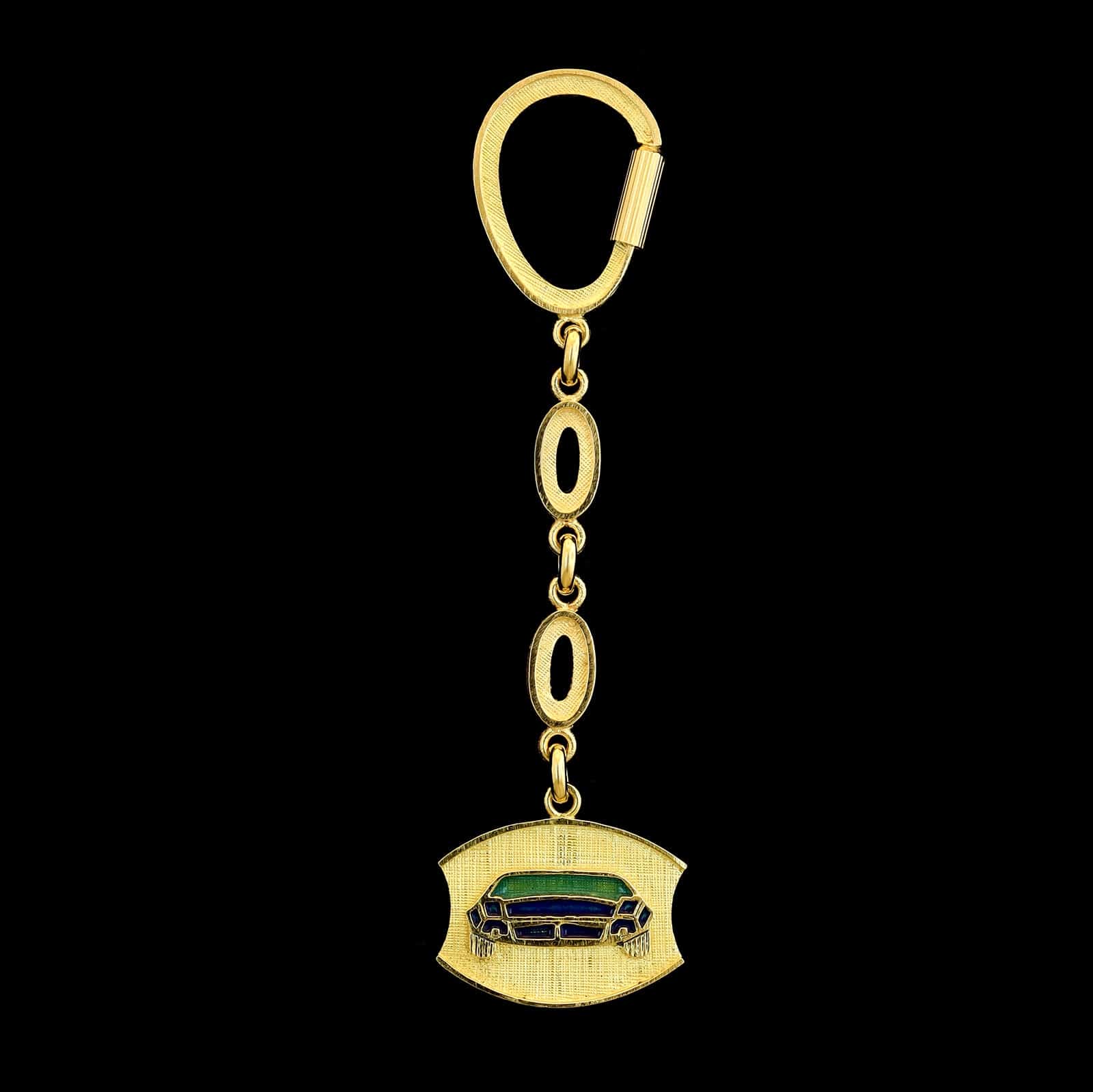 18K Yellow Gold Estate Blue and Green Enamel Car Keychain