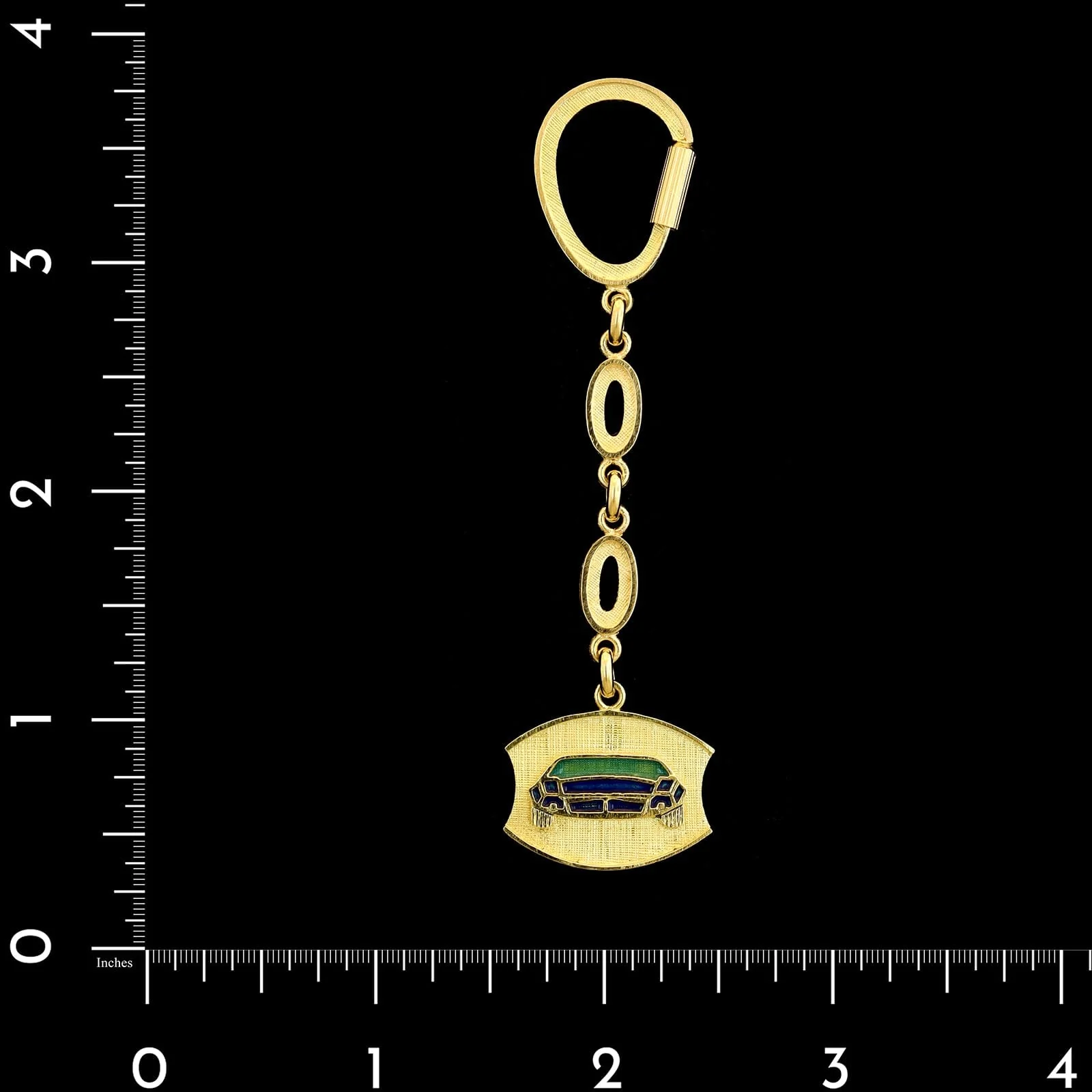 18K Yellow Gold Estate Blue and Green Enamel Car Keychain - Image 3