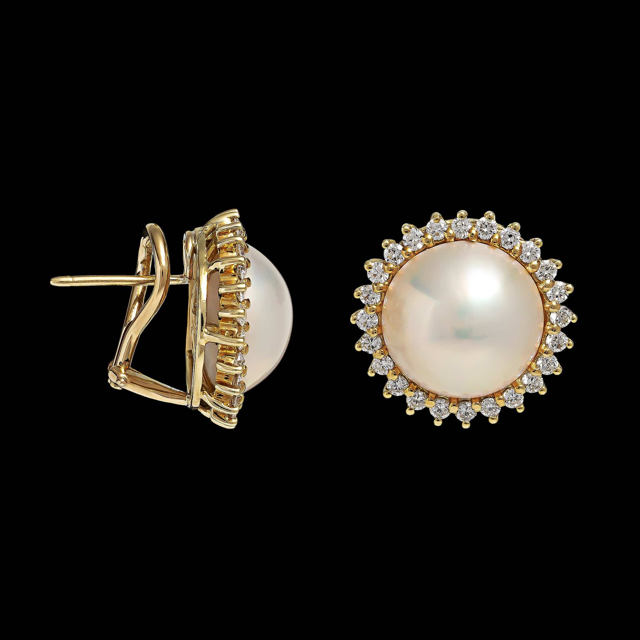 18K Yellow Gold Estate Cultured Mabe Pearl and Diamond Earrings