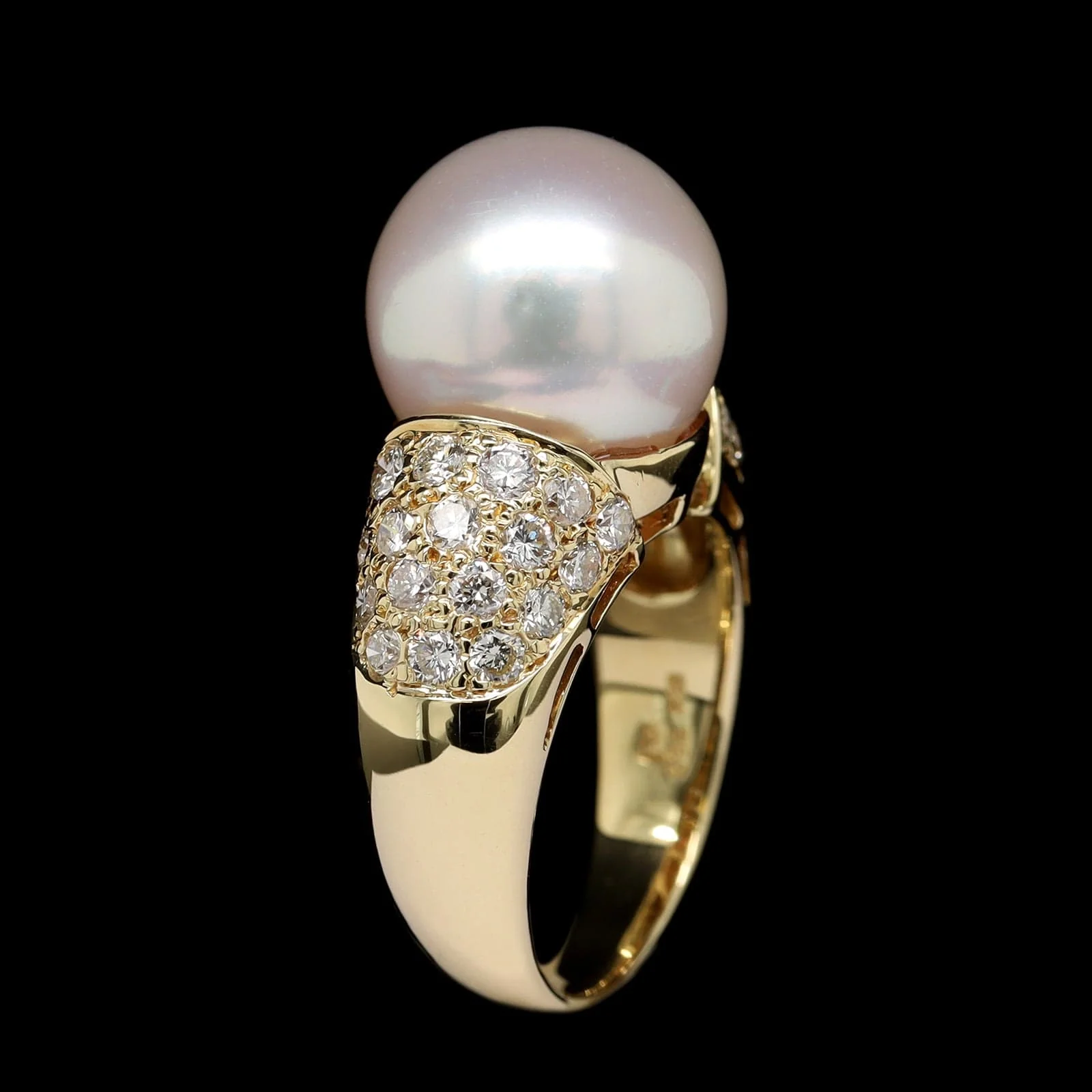 18K Yellow Gold Estate Cultured South Sea Pearl and Diamond Ring - Image 2