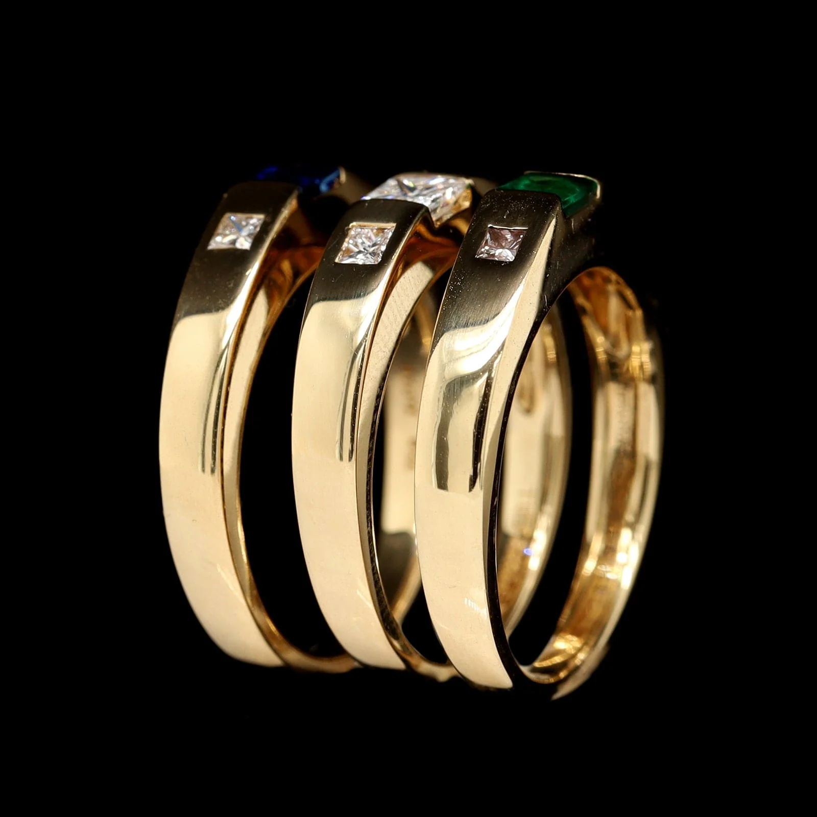 18K Yellow Gold Estate Emerald, Sapphire and Diamond Stack Rings - Image 4