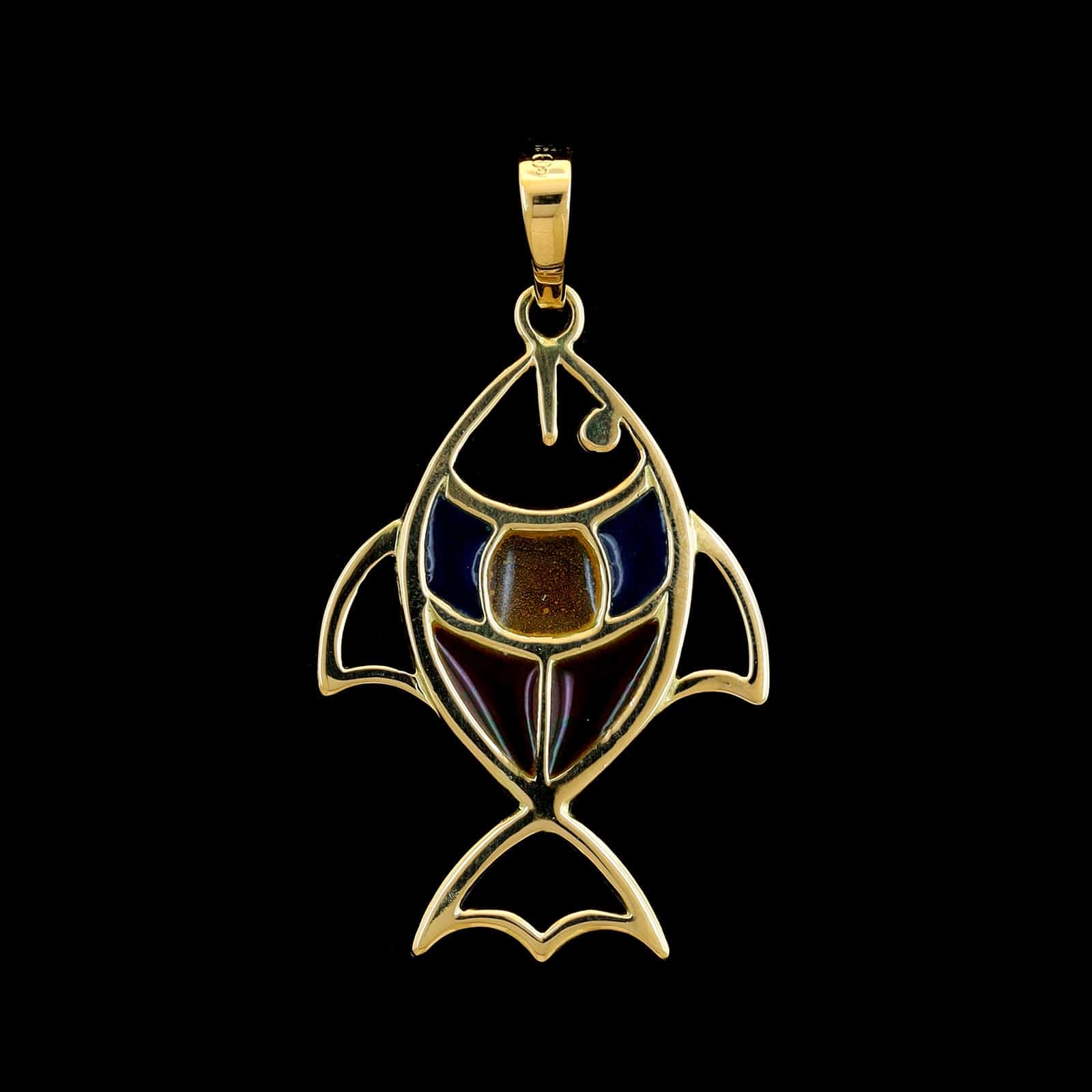 18K Yellow Gold Estate Glass Inlay Fish Pendant - Image 2