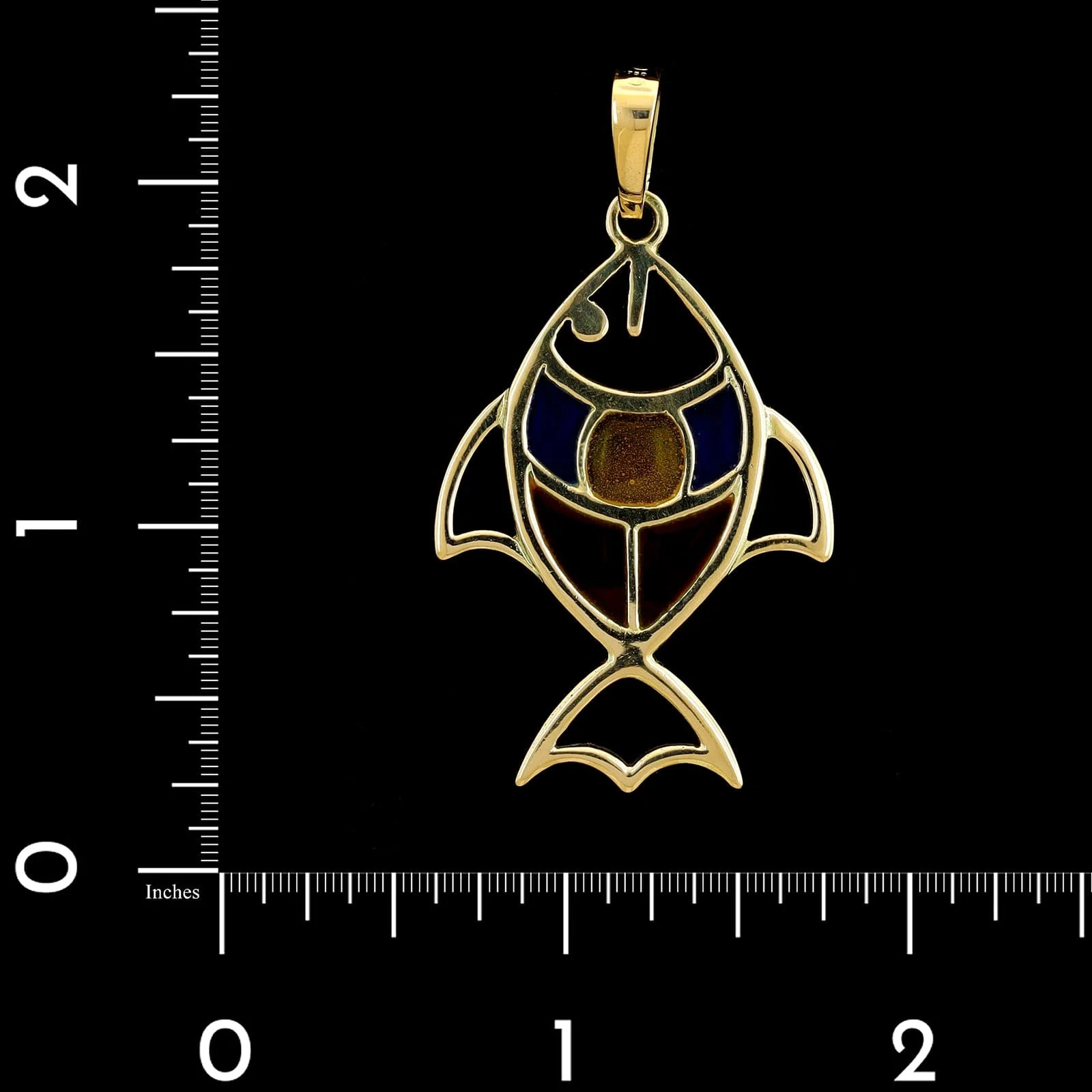 18K Yellow Gold Estate Glass Inlay Fish Pendant - Image 3