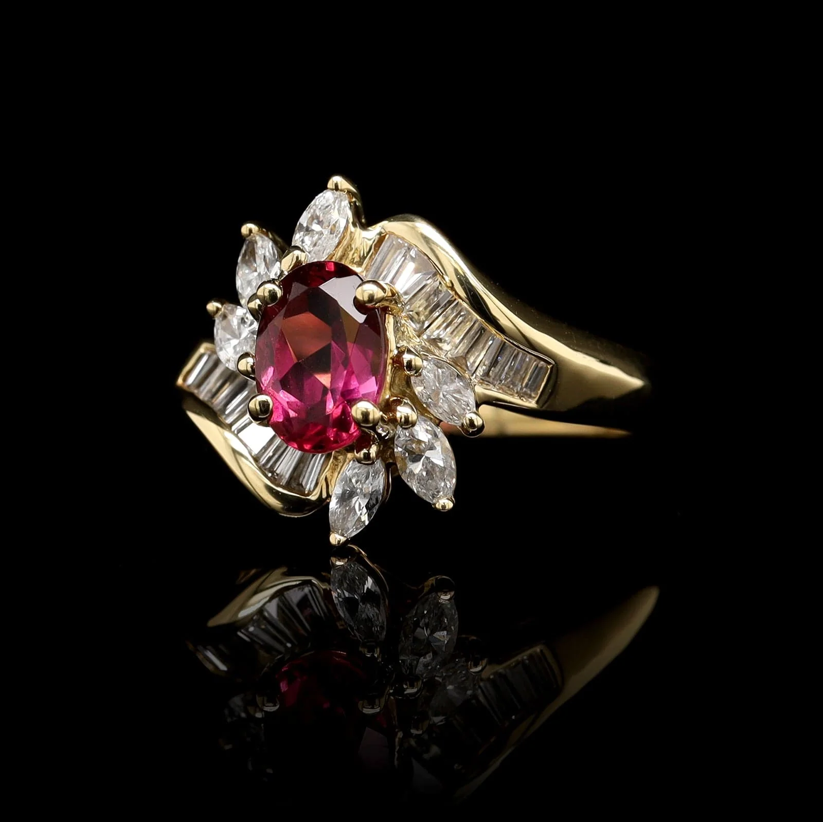 18K Yellow Gold Estate Pink Tourmaline and Diamond Ring