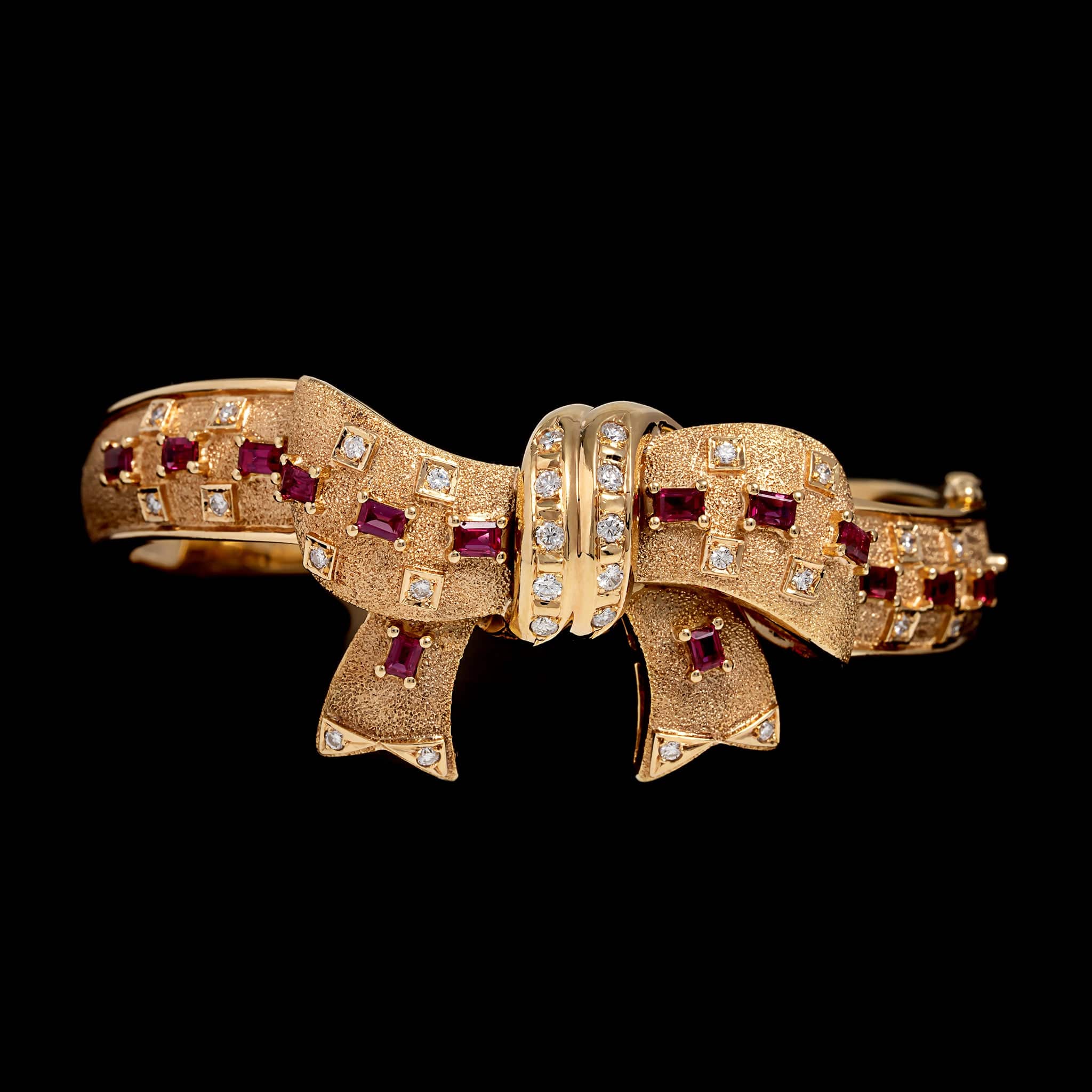 18K Yellow Gold Estate Ruby and Diamond Bow Bangle