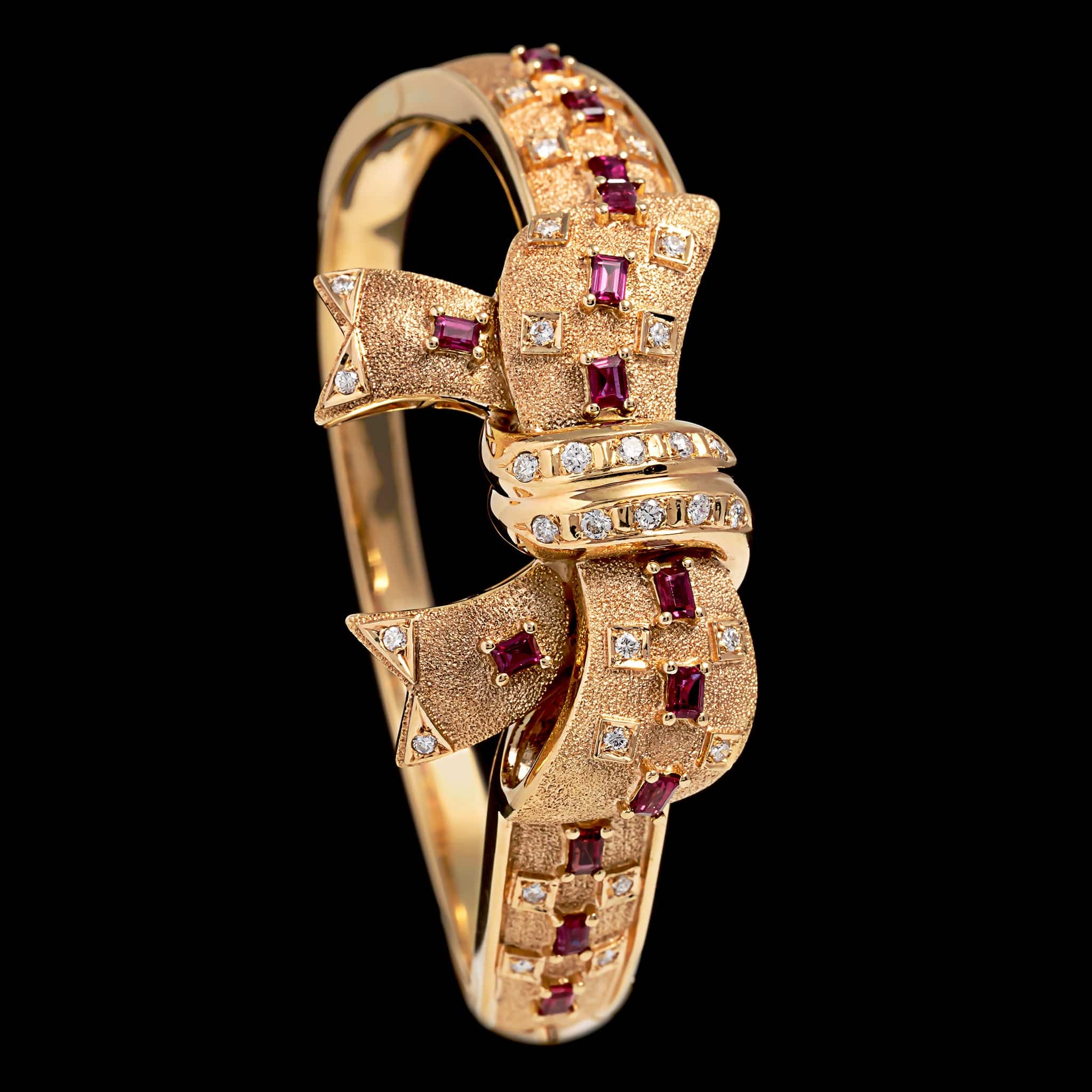 18K Yellow Gold Estate Ruby and Diamond Bow Bangle - Image 2