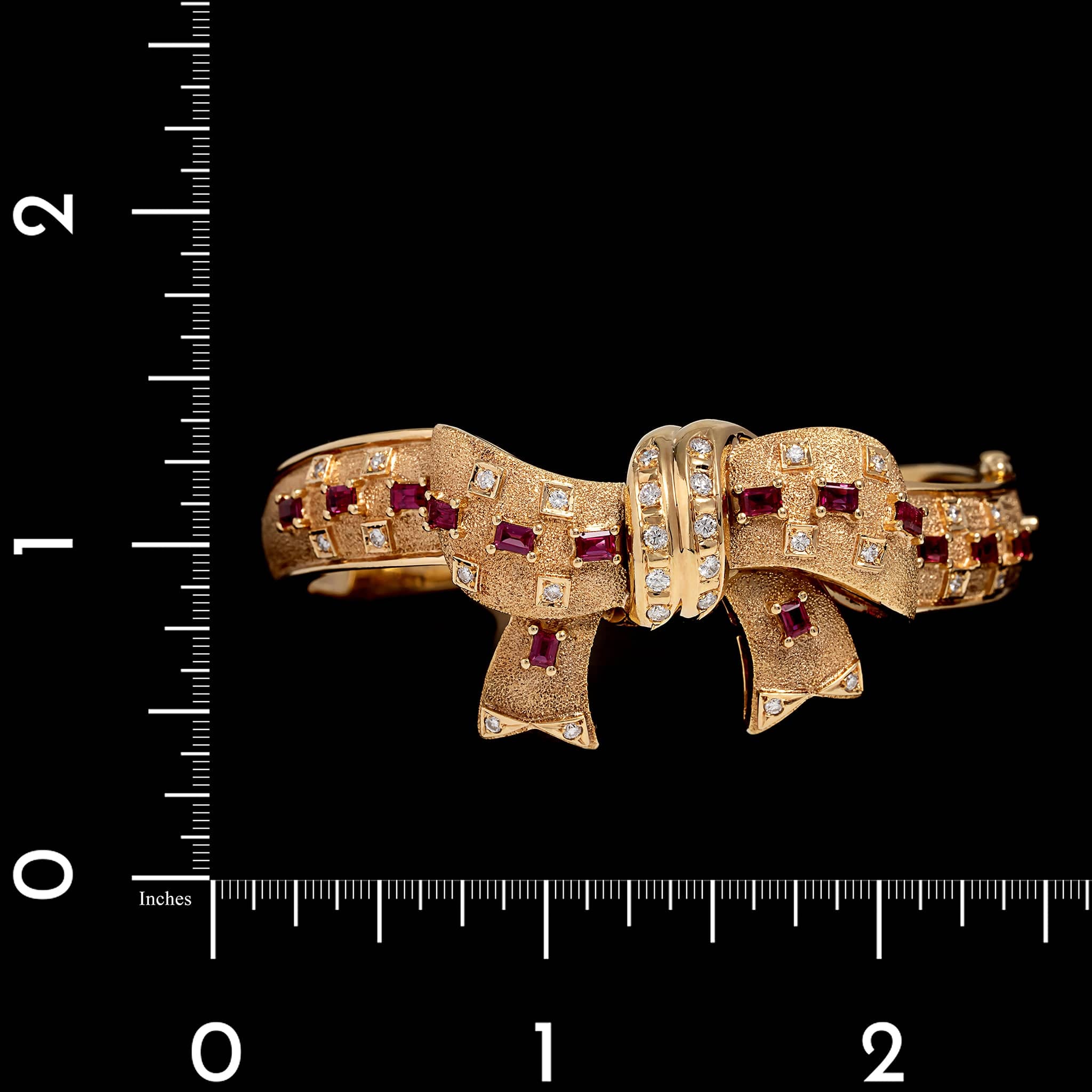 18K Yellow Gold Estate Ruby and Diamond Bow Bangle - Image 3