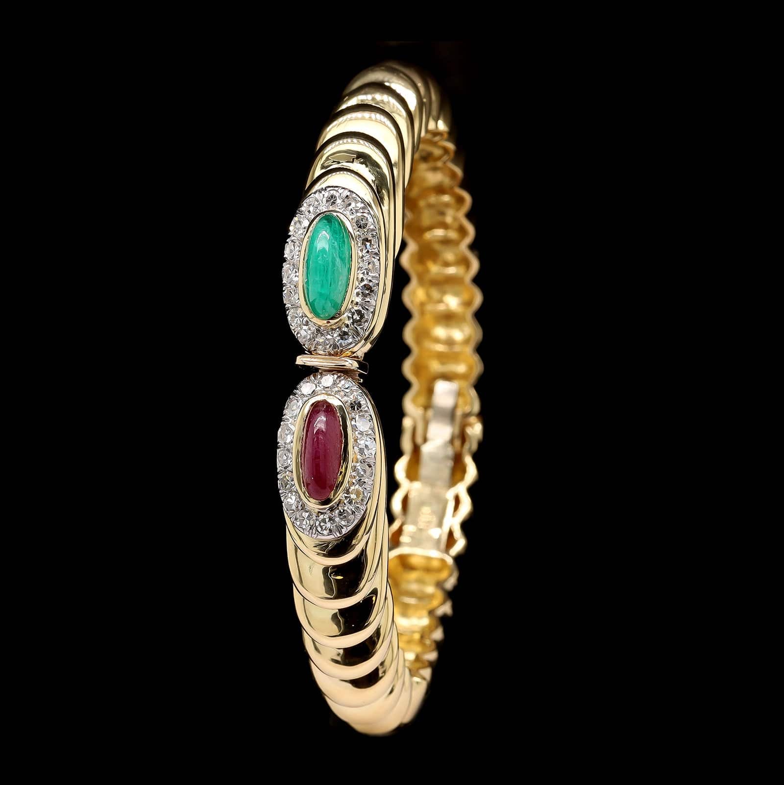 18K Yellow Gold Estate Ruby, Emerald and Diamond Bangle - Image 2