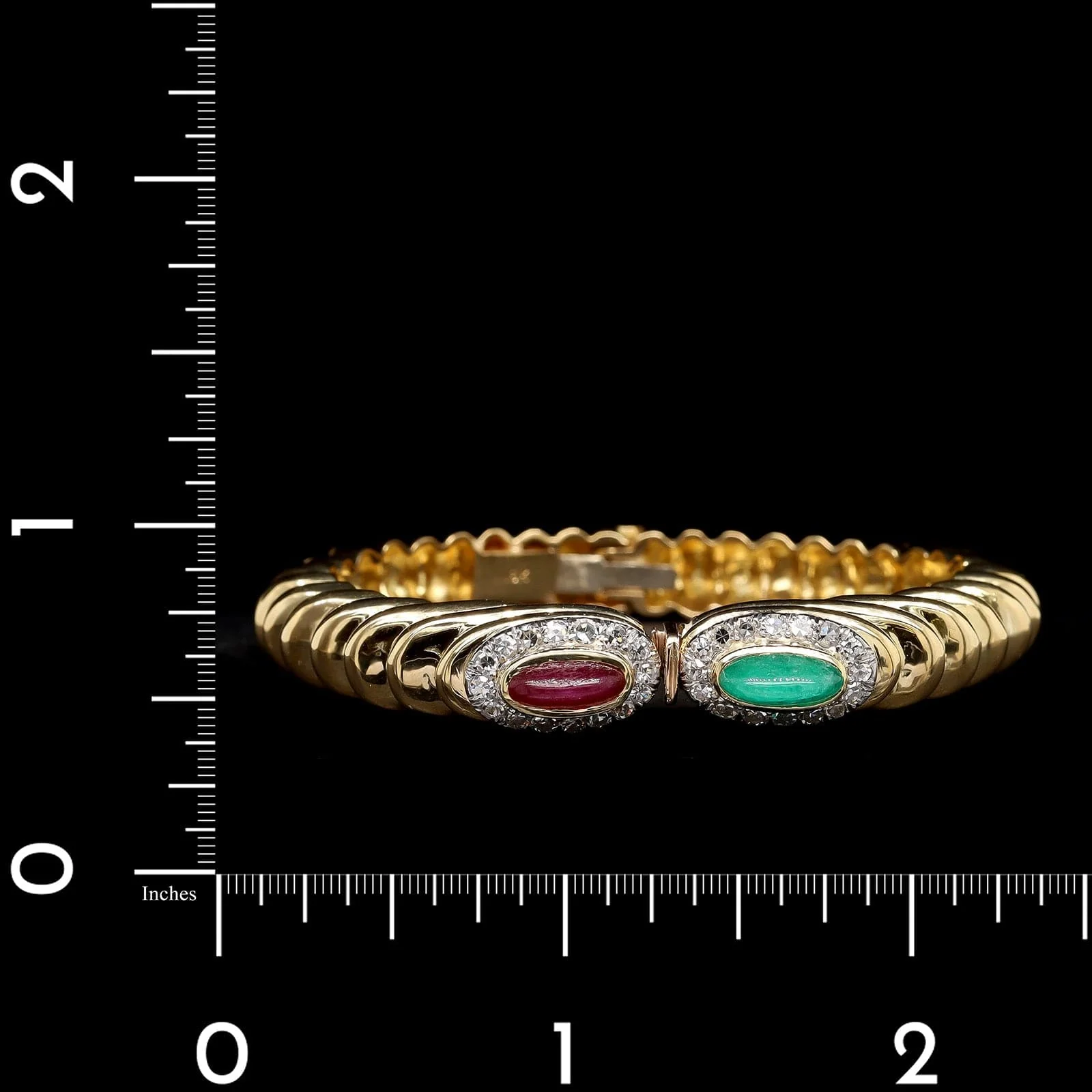 18K Yellow Gold Estate Ruby, Emerald and Diamond Bangle - Image 3