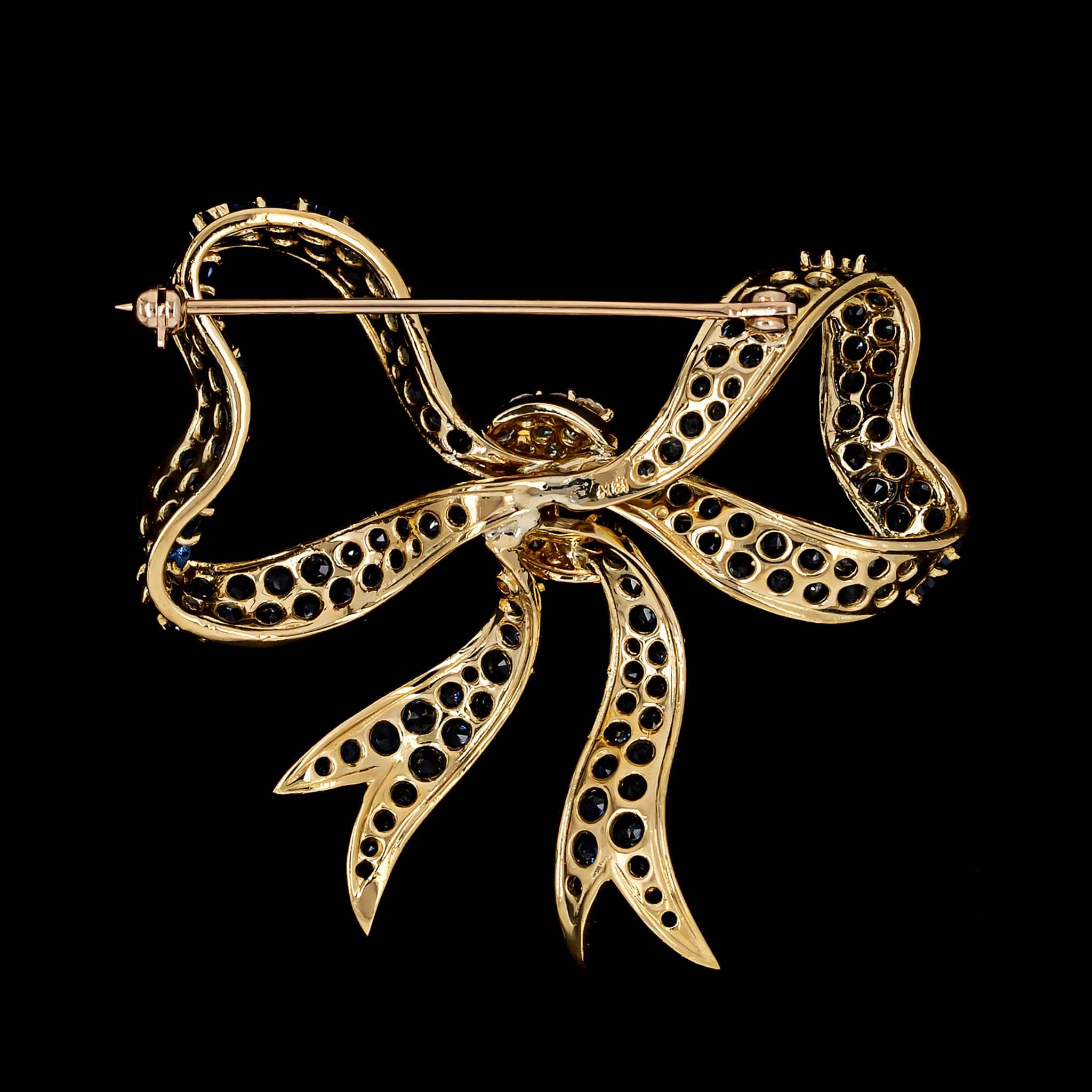 18K Yellow Gold Estate Sapphire and Diamond Bow Pin - Image 2