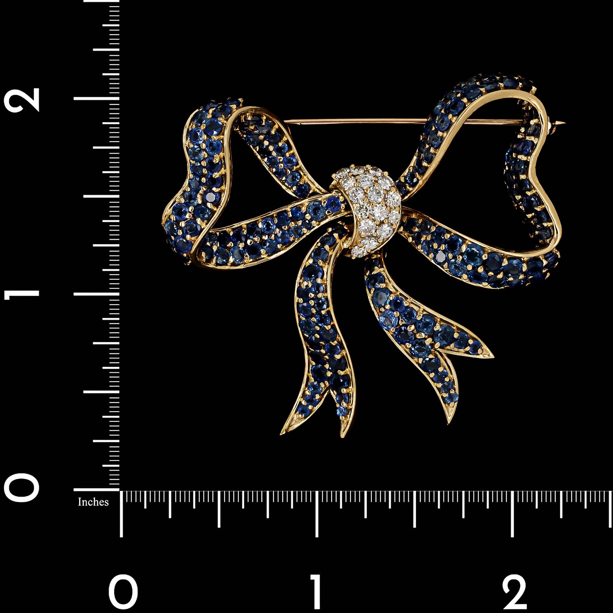 18K Yellow Gold Estate Sapphire and Diamond Bow Pin - Image 3