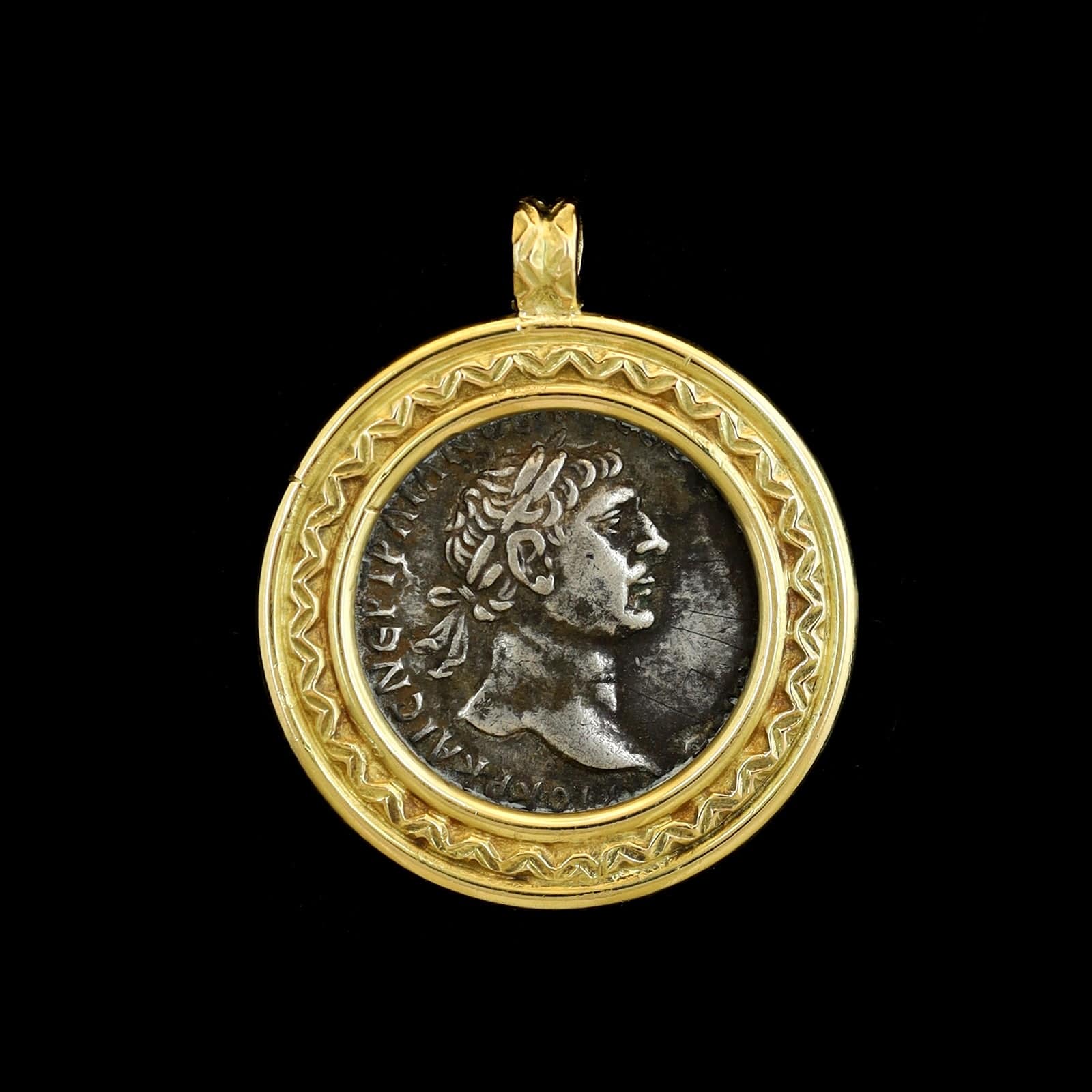 18K Yellow Gold Estate Silver Roman Coin Pendant - Image 2