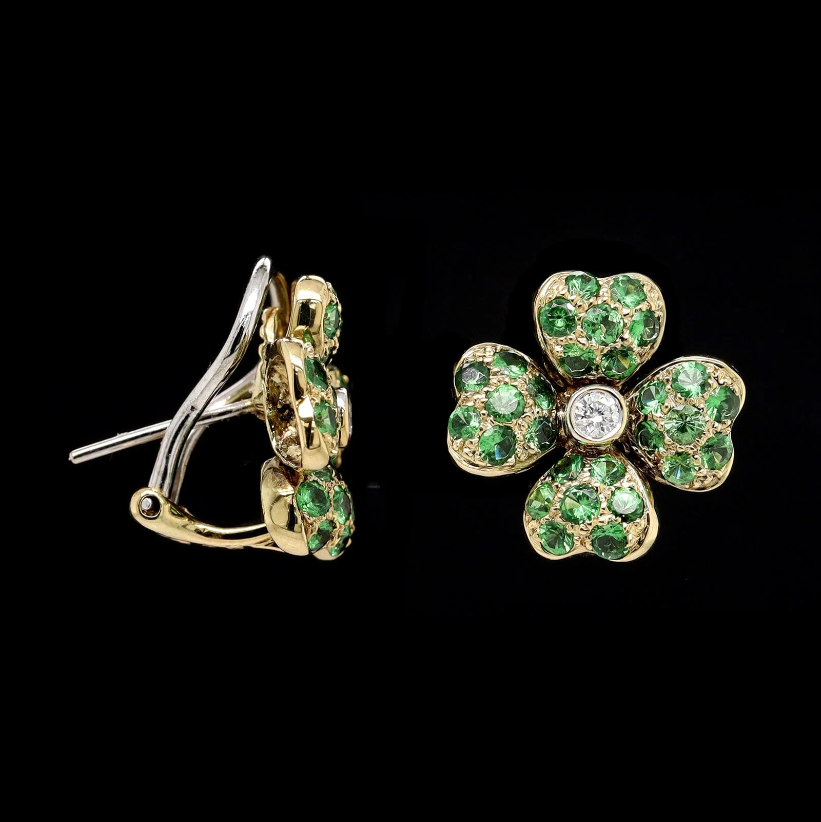 18K Yellow Gold Estate Tsavorite and Diamond Flower Earrings