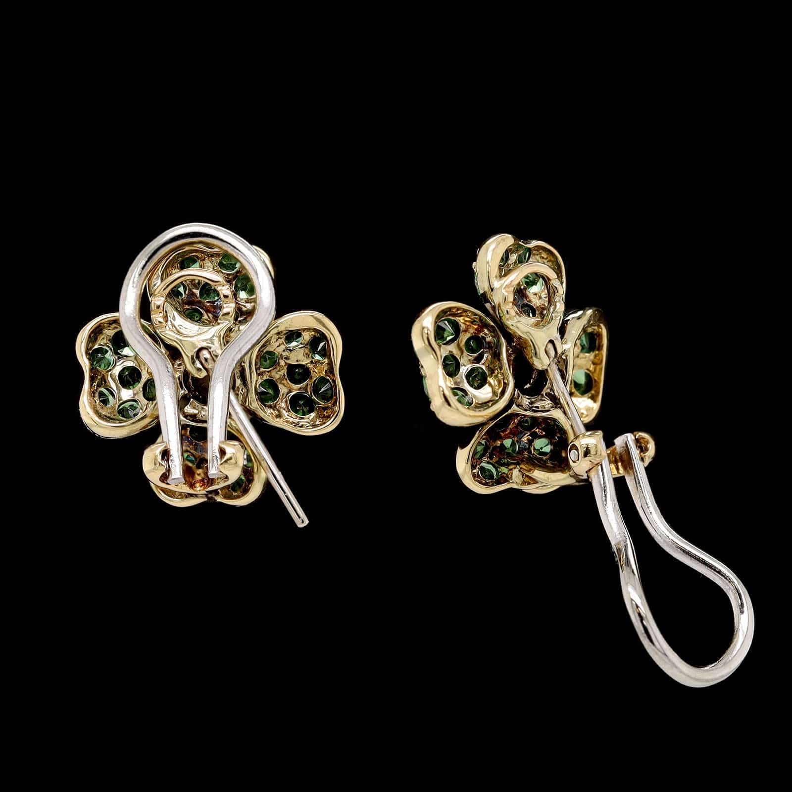 18K Yellow Gold Estate Tsavorite and Diamond Flower Earrings - Image 2
