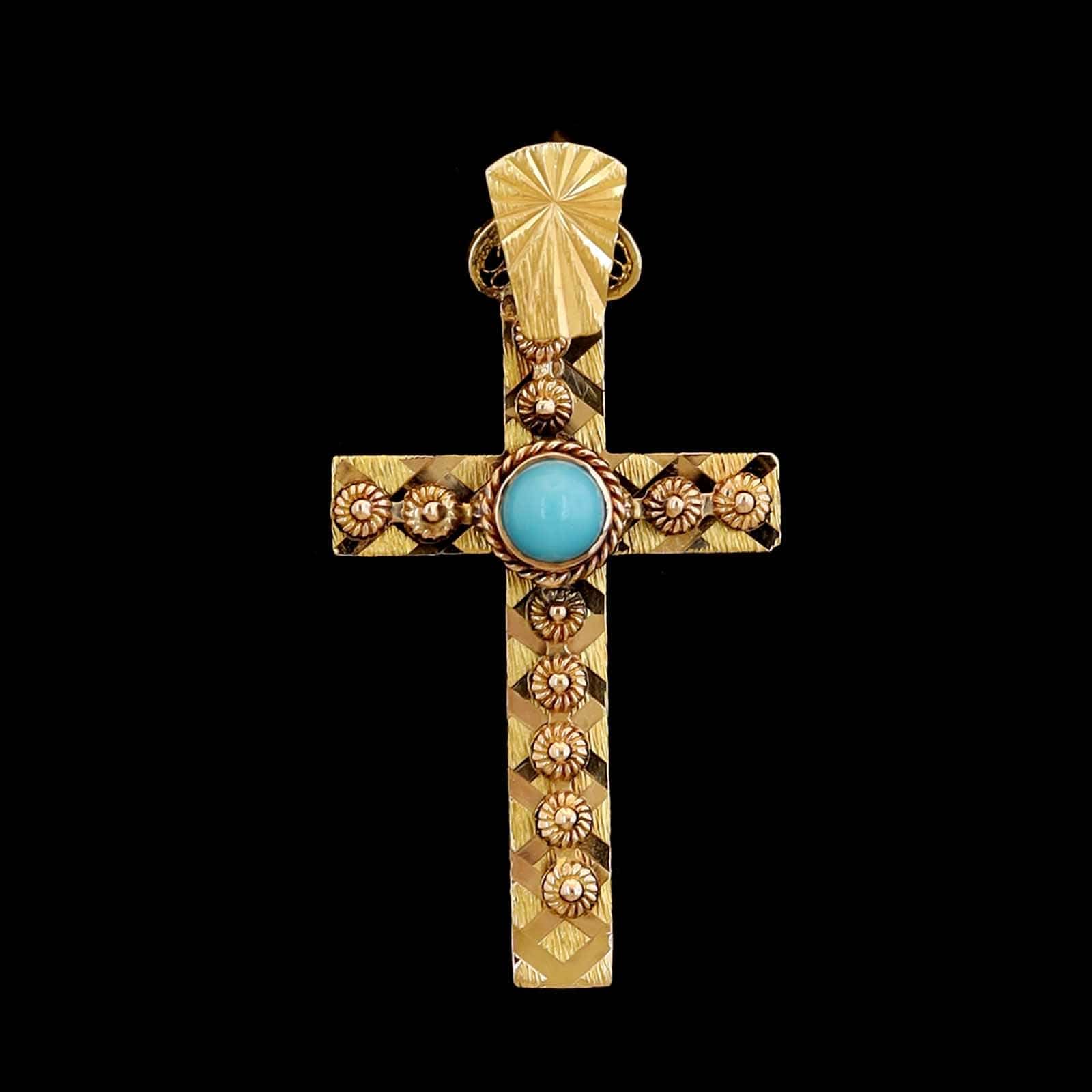 18K Yellow Gold Estate Turquoise Cross