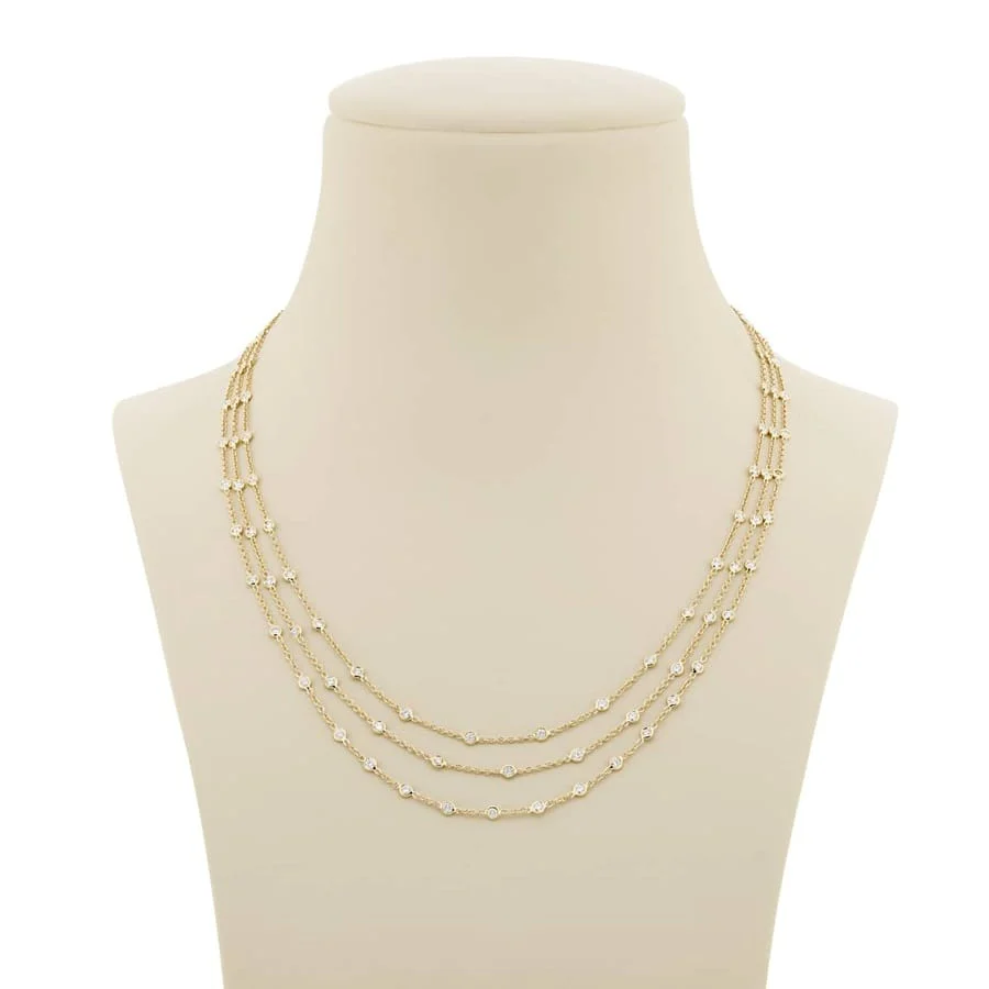 18K Yellow Gold Round Diamond Three-Row Bezel Necklace - Image 2