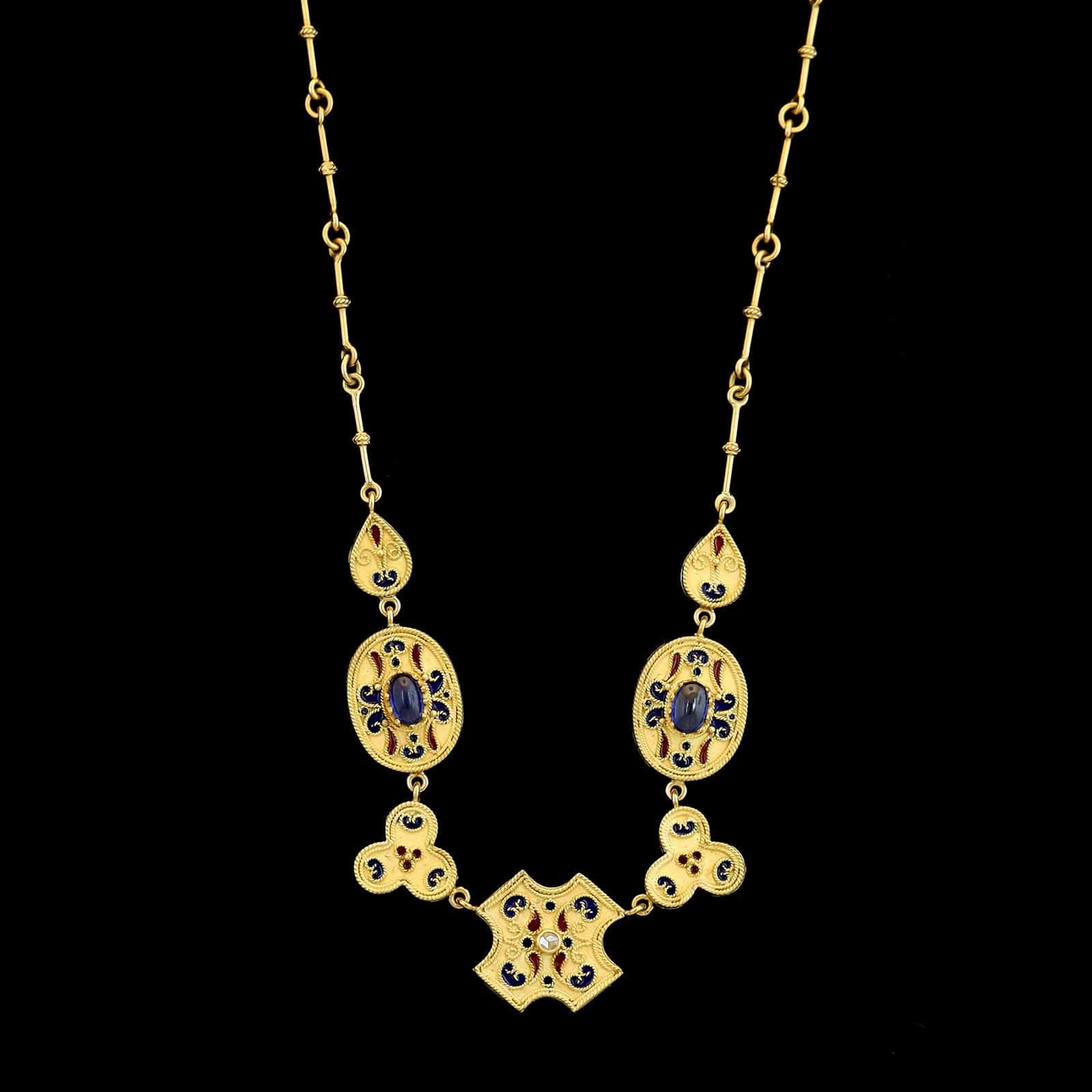 19K Yellow Gold Estate Sapphire and Diamond Filigree Necklace
