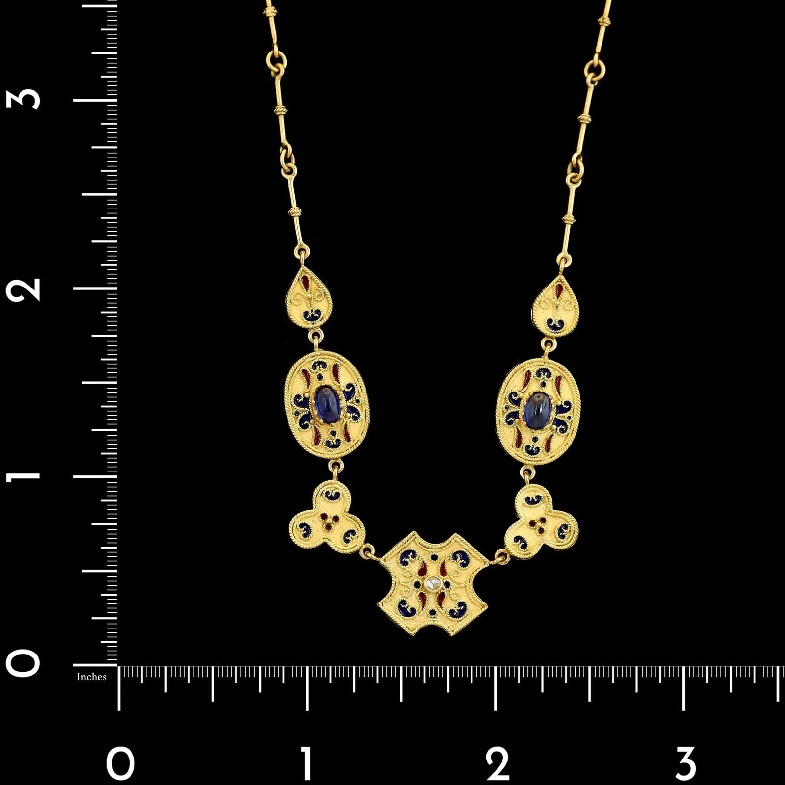 19K Yellow Gold Estate Sapphire and Diamond Filigree Necklace - Image 4