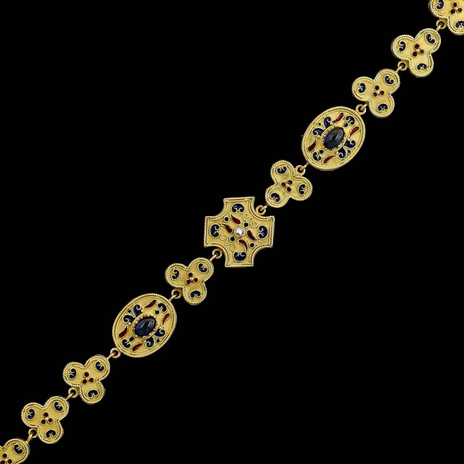 19K Yellow Gold Estate Sapphire and Enamel Bracelet, Portugal - Image 2