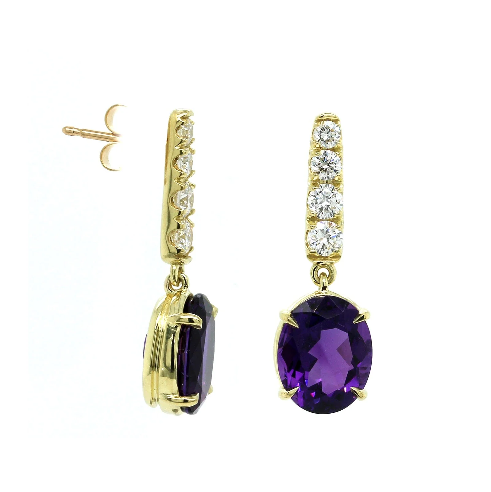 18K Yellow Gold Oval Amethyst Diamond Drop Earrings - Image 3