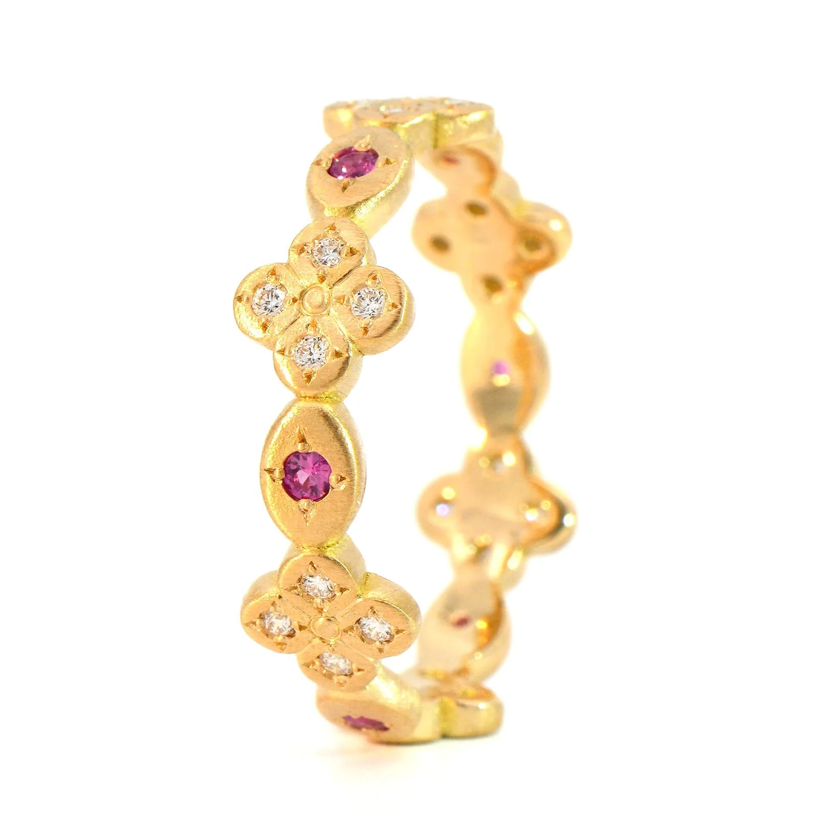 Adel Chefridi 18K Yellow Gold Pink Sapphire & Diamond Clover Band - Image 2
