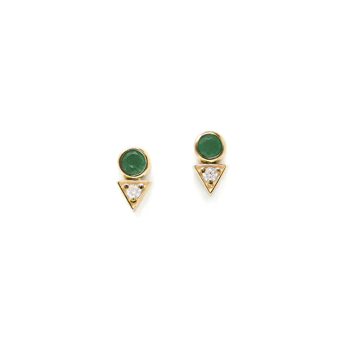 Anzie 14K Yellow Gold Deco Emerald and Diamond Stud Earrings